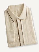 OROMEN Vertical Stripe Contrast Knit Polo neatly folded flat lay displaying contrast collar and knit