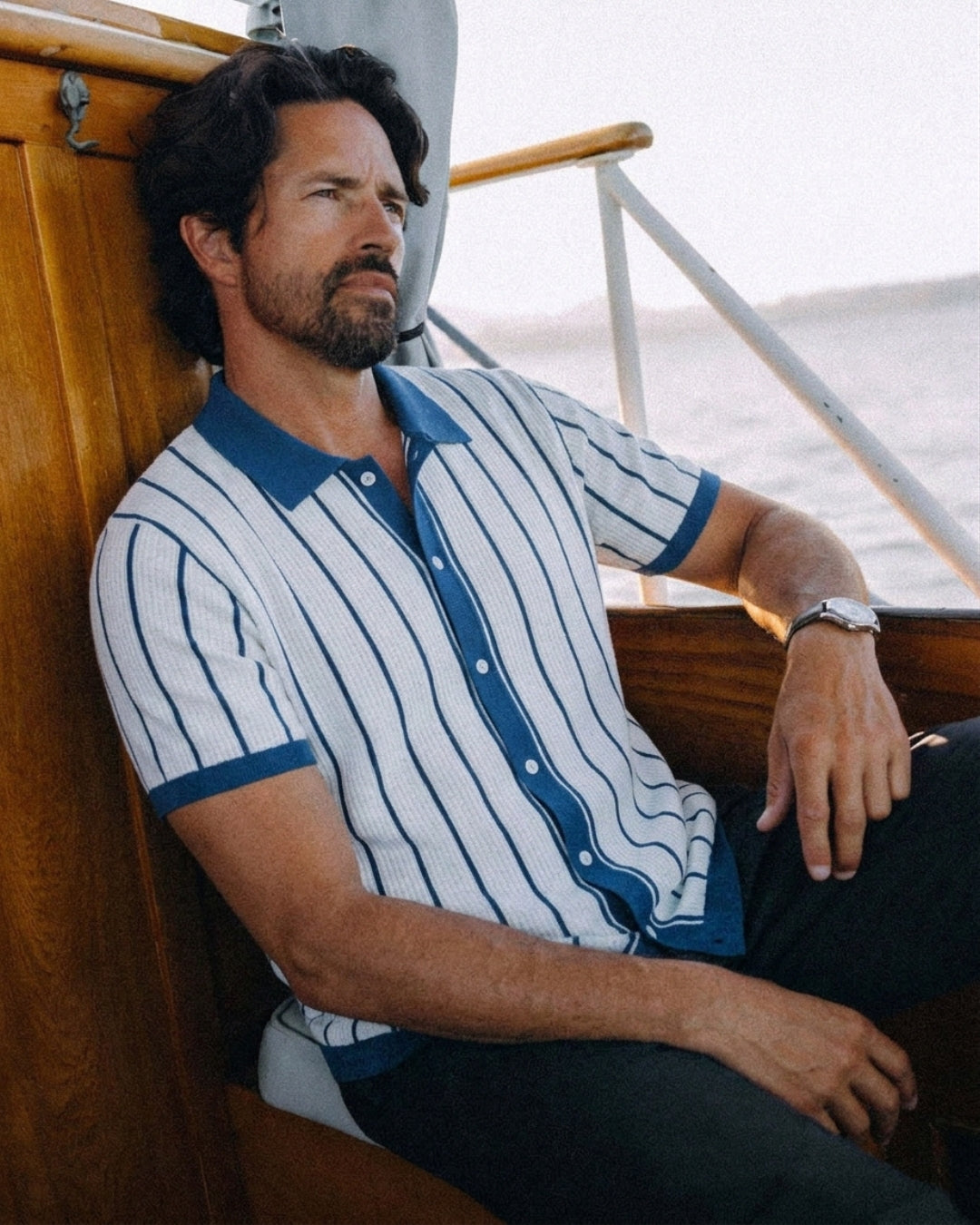 OROMEN Vertical Stripe Knit Polo Shirt  – in Model
