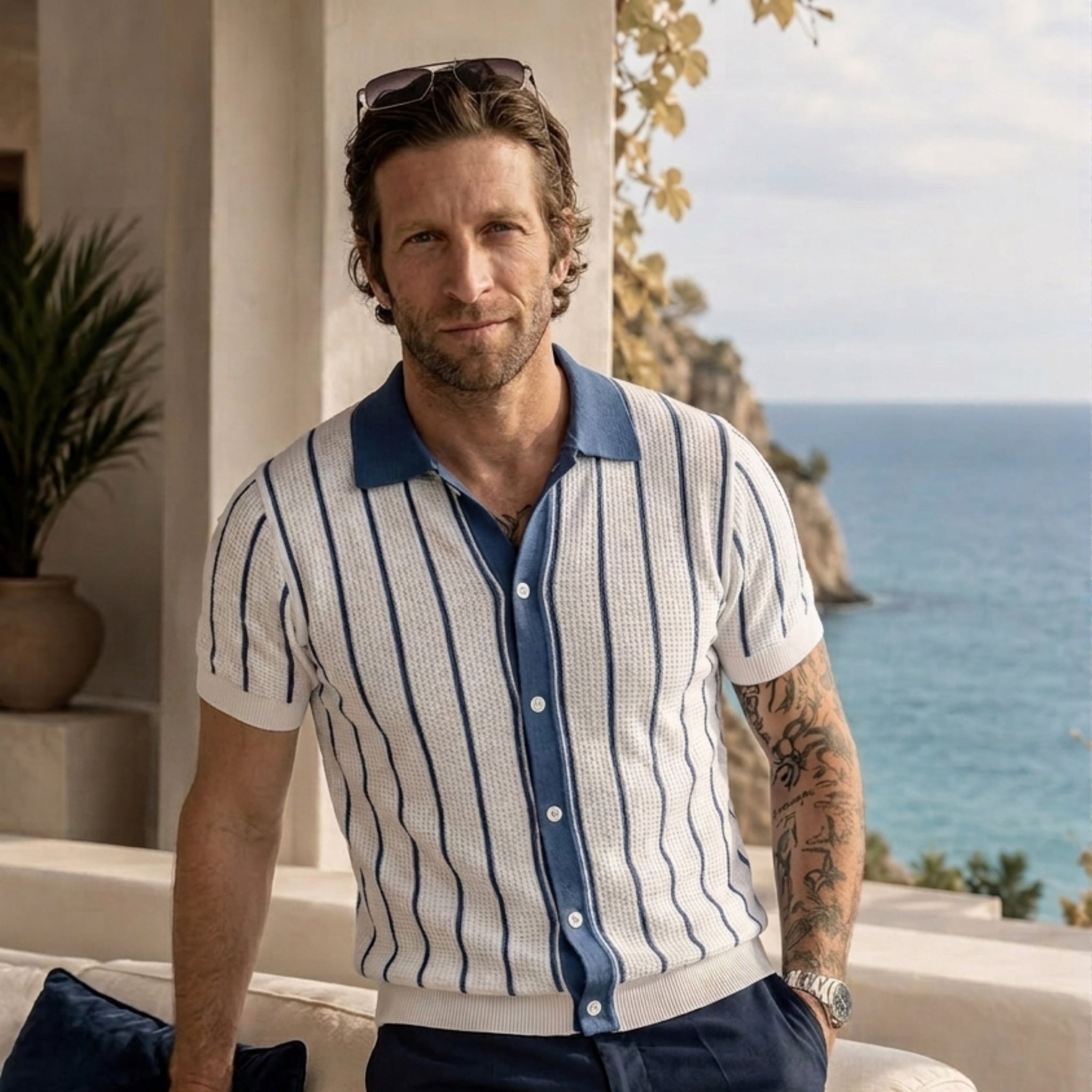 OROMEN Vertical Stripe Knit Polo Shirt in Navy Blue – in Model