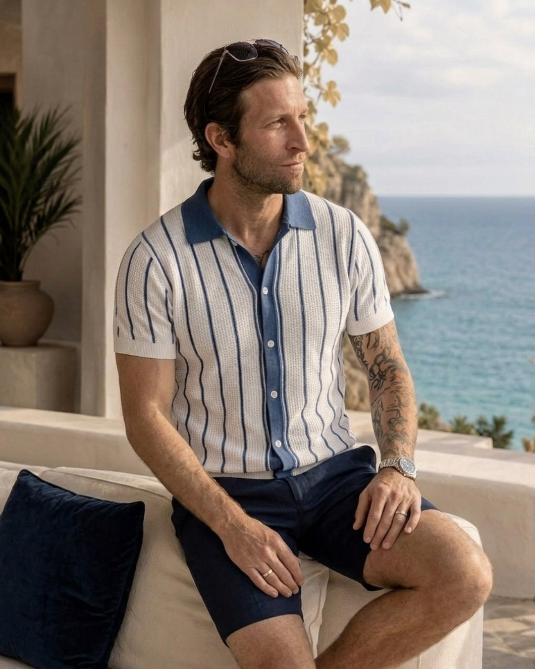 OROMEN Vertical Stripe Knit Polo Shirt in Navy Blue – Model