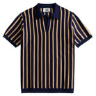OROMEN Vertical Stripe Knit Polo navy blue front flat lay full view