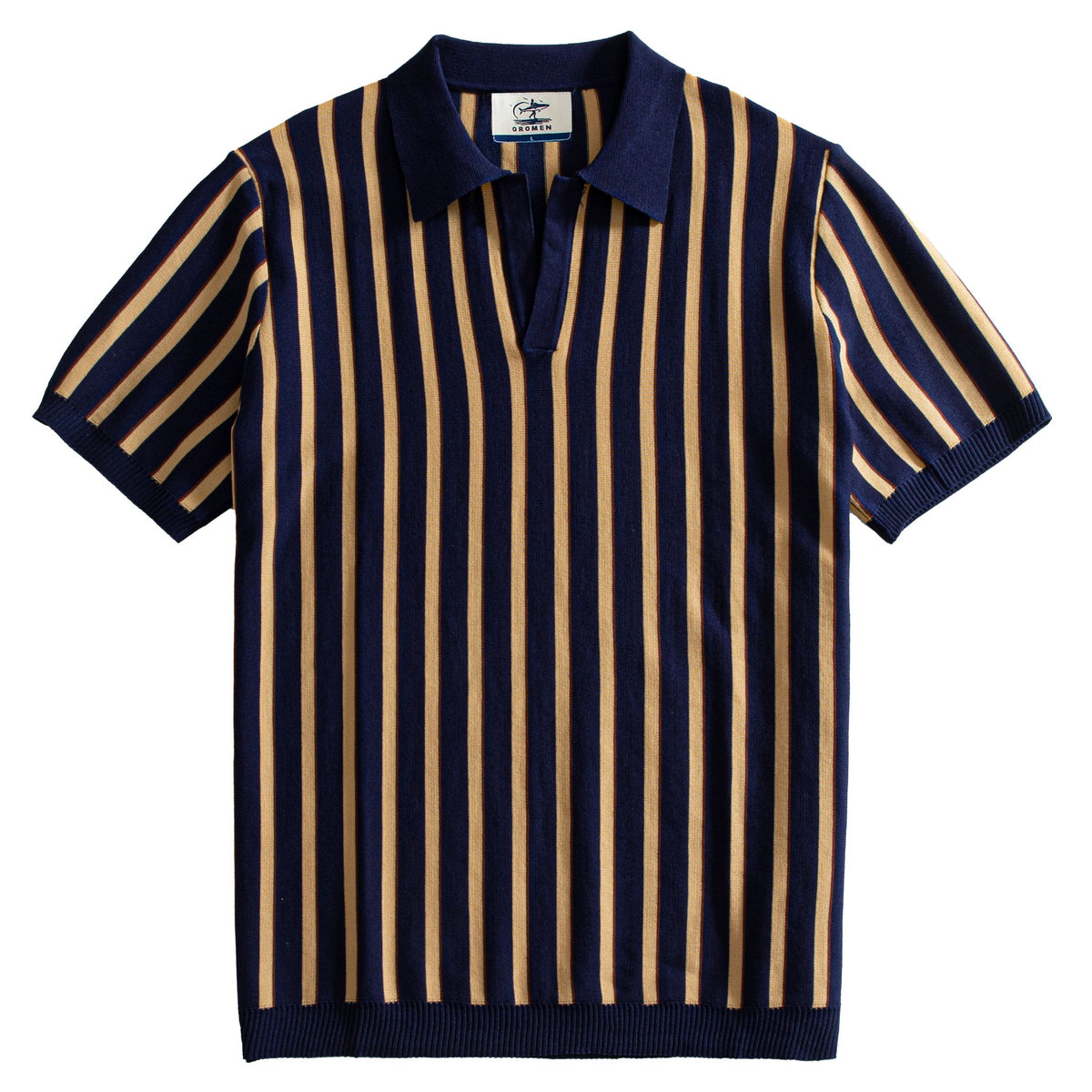OROMEN Vertical Stripe Knit Polo navy blue front flat lay full view