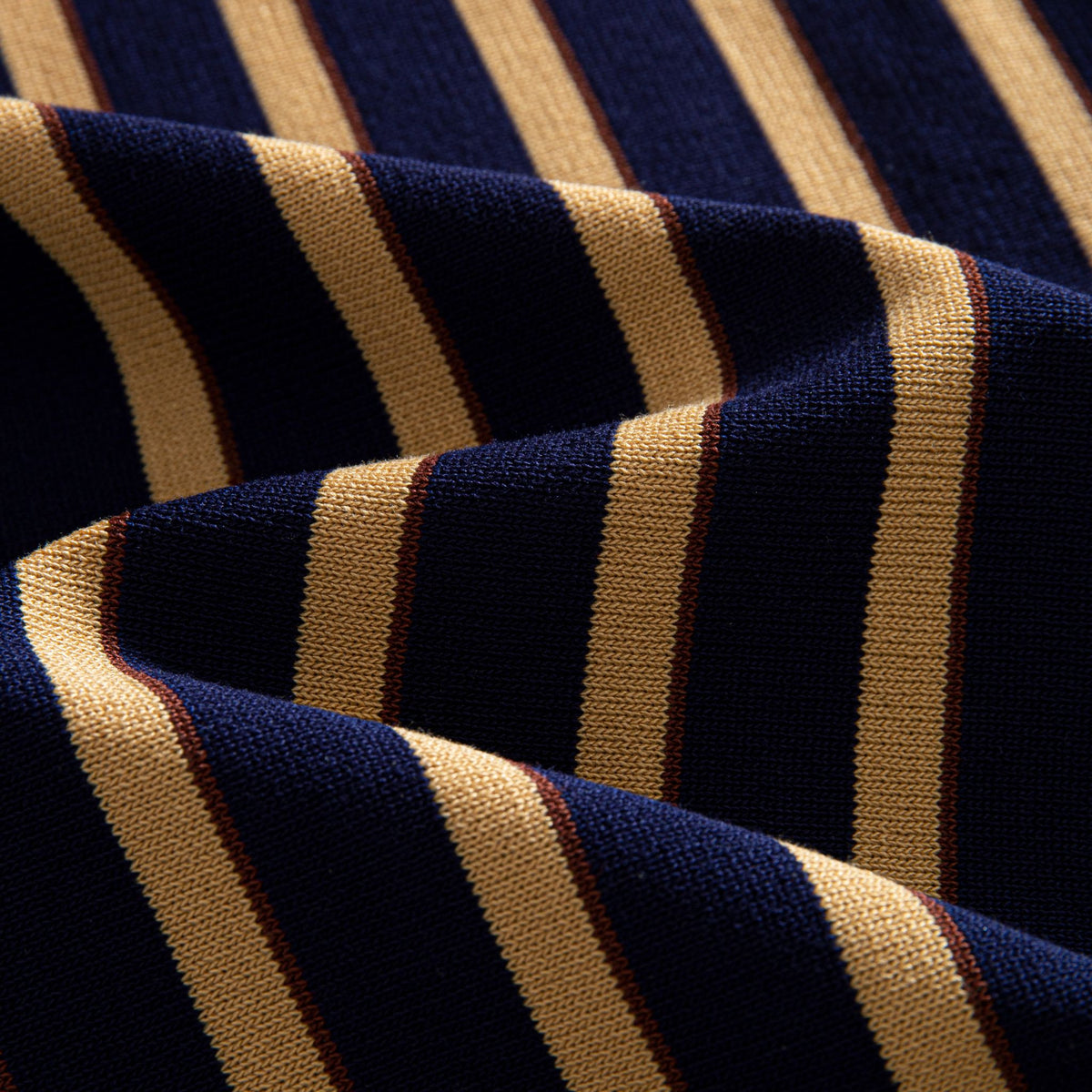 OROMEN Vertical Stripe Knit Polo navy blue navy gold stripe knit fabric texture close-up