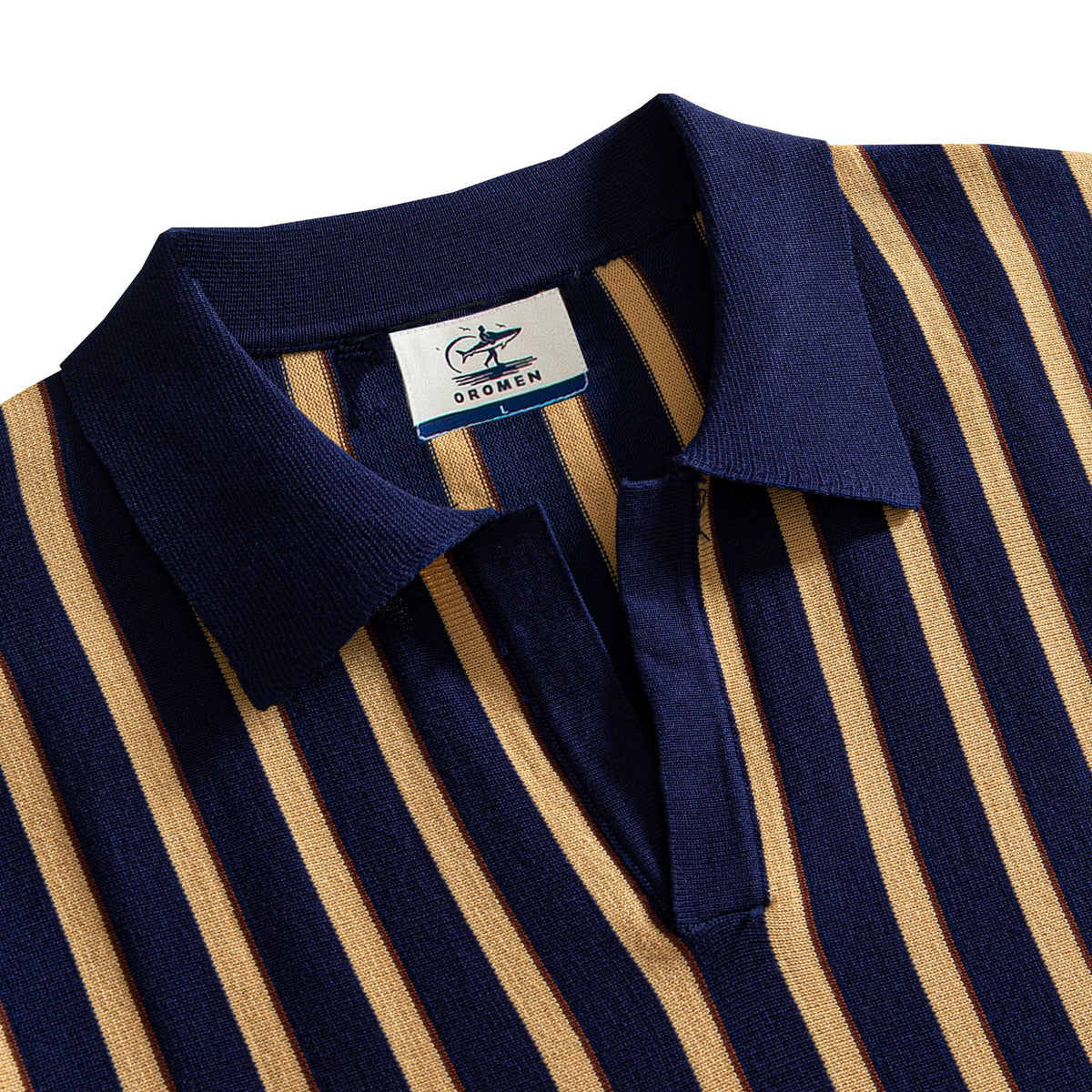 OROMEN Vertical Stripe Knit Polo navy blue open polo collar detail close-up