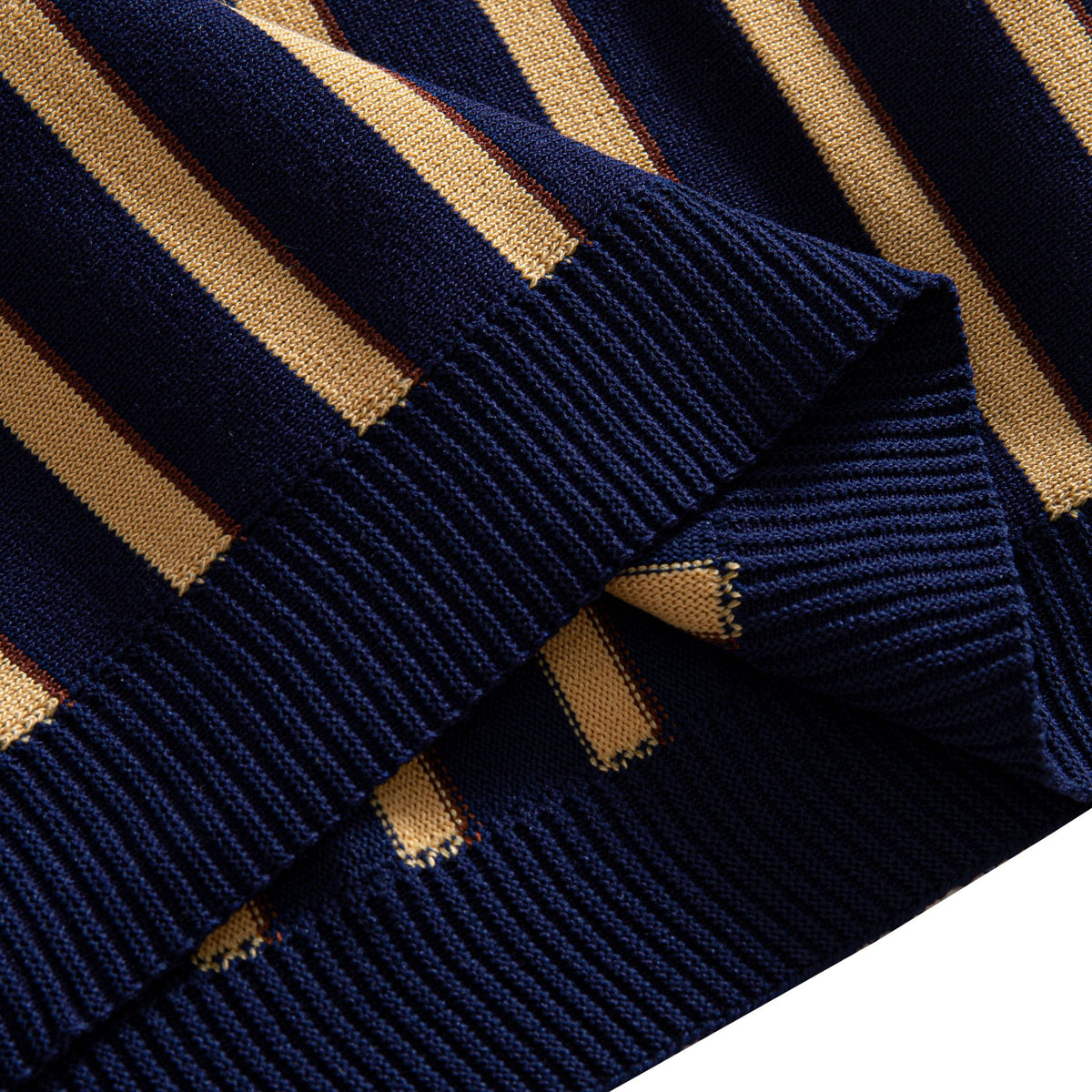 OROMEN Vertical Stripe Knit Polo navy blue ribbed hem detail