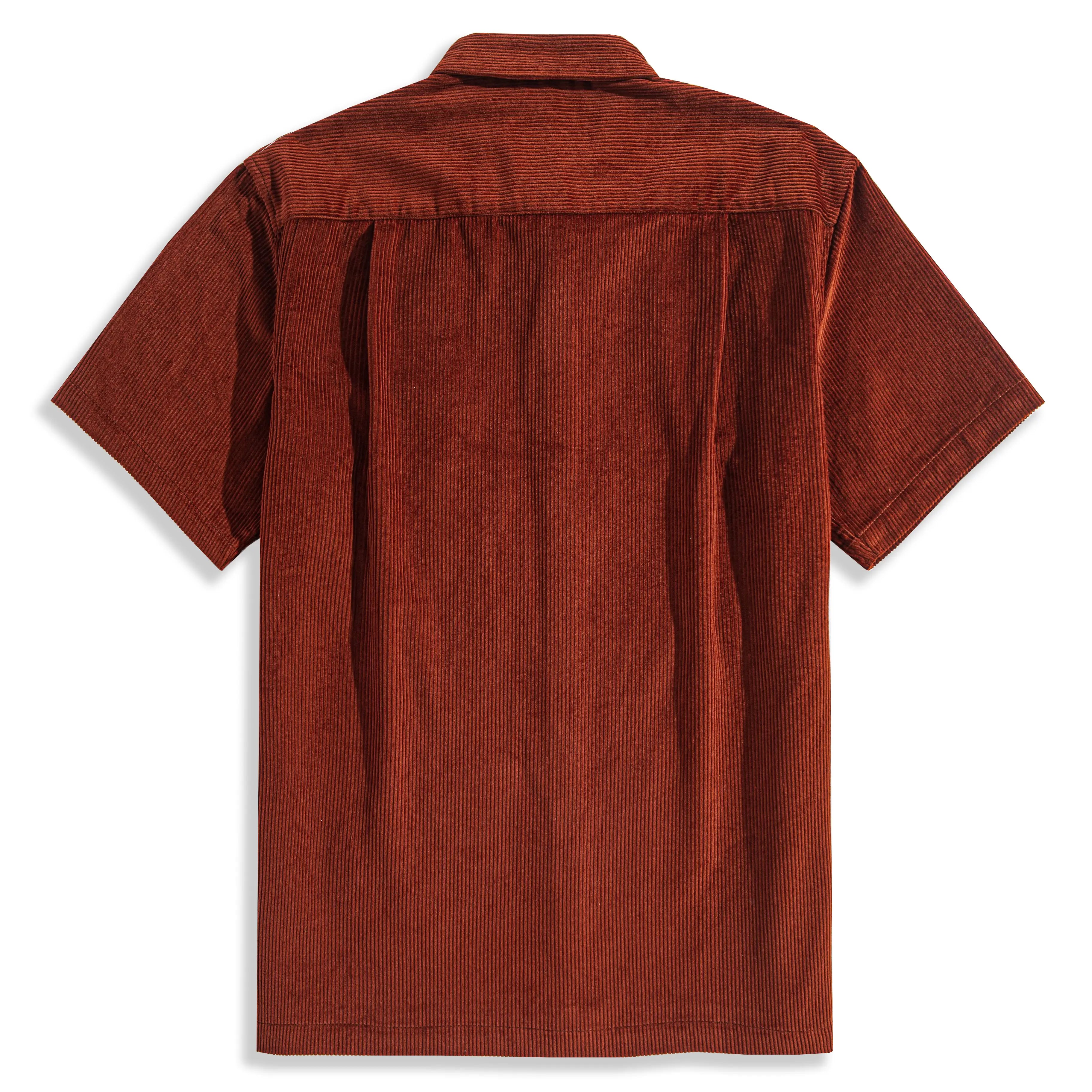OROMEN Vintage Burgundy Cotton Corduroy Shirt Back View – Box Pleat and Side Vent Design