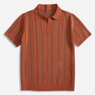 OROMEN Vintage Burnt Orange Striped Knit Polo Shirt – Front View