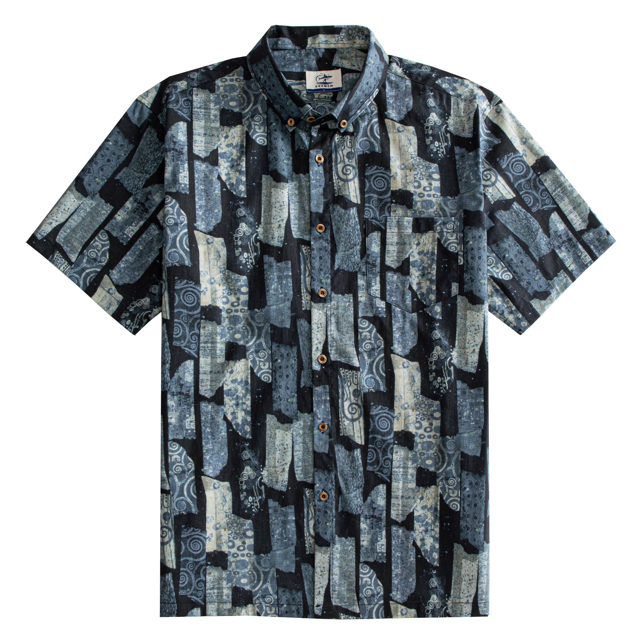 OROMEN Vintage Patchwork Print Shirt - Navy Blue Abstract Pattern, Flat Lay