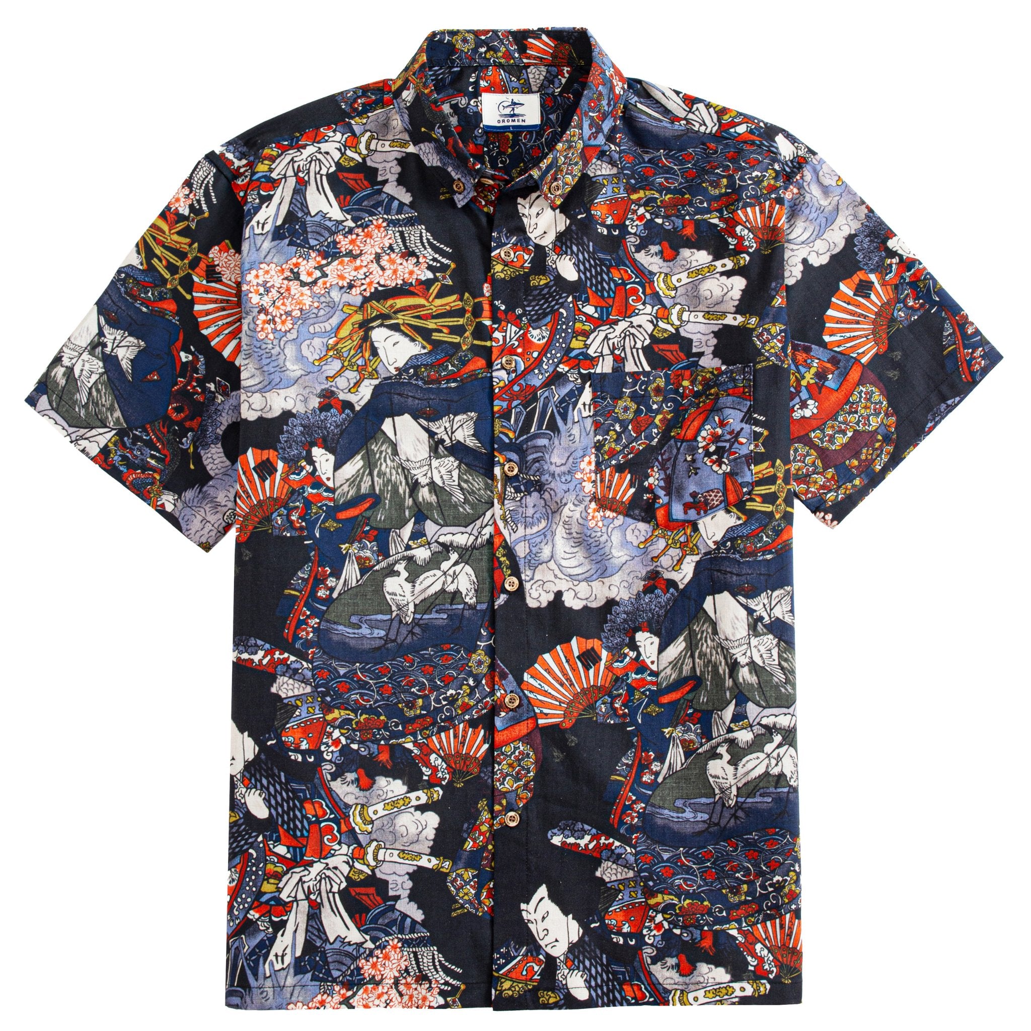 OROMEN Warrior Aloha Shirt - Japanese Ukiyo-e print with dragon and kabuto helmet design