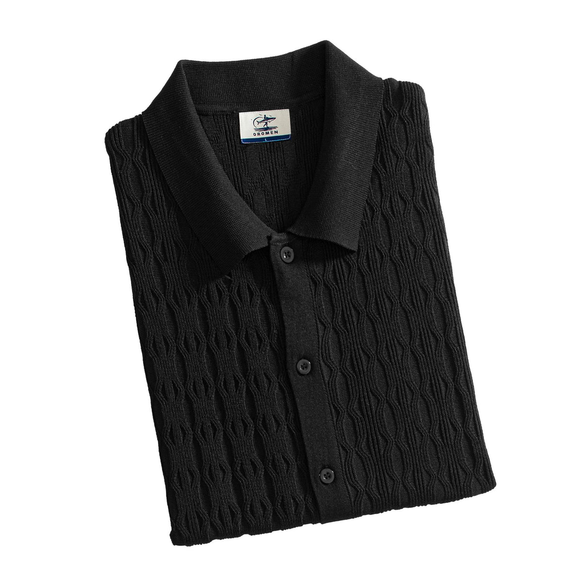 OROMEN Wave Jacquard Knit Polo black folded display with label