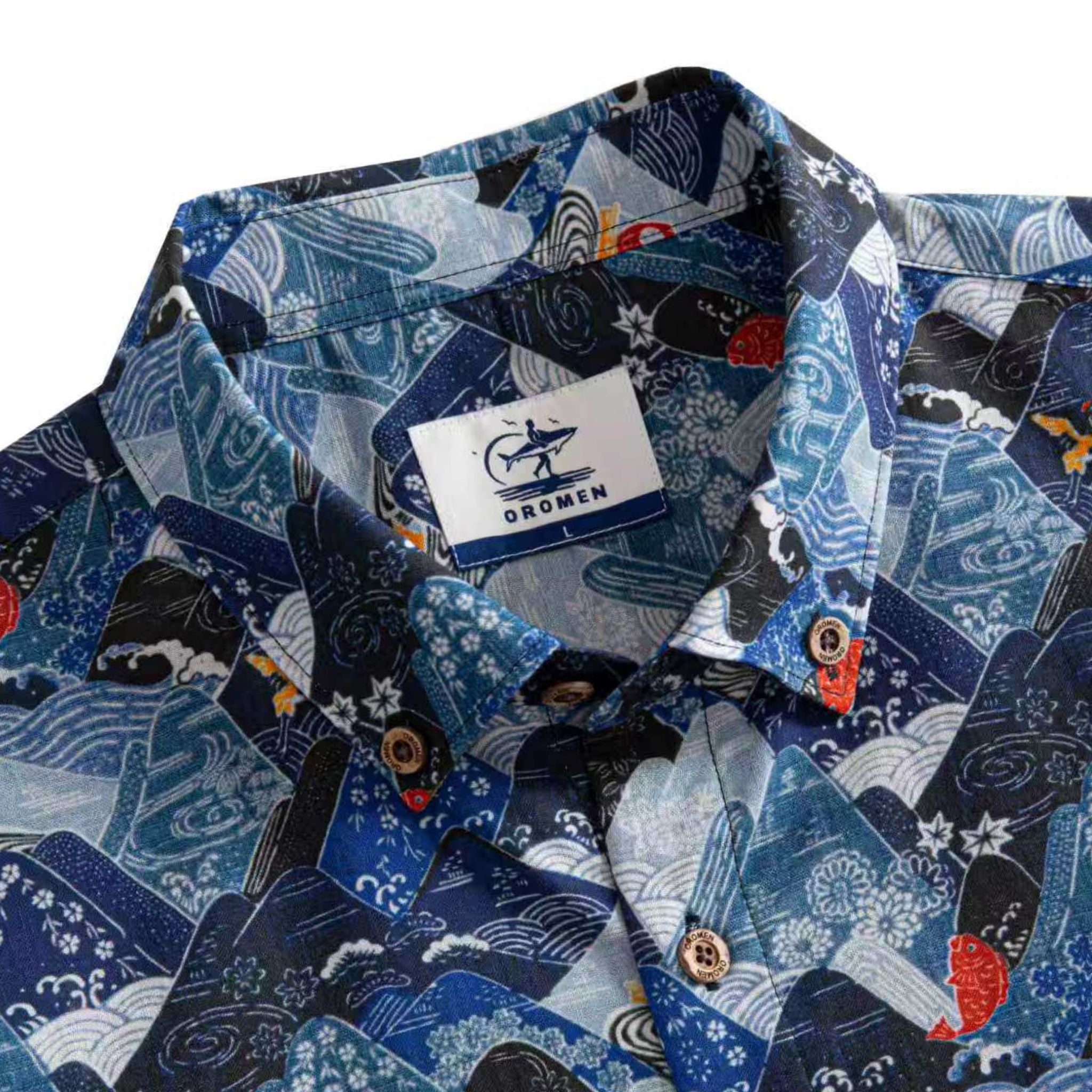 OROMEN Wave Mountain Shirt – Collar & Brand Label Detail, Size Tag & Coconut Buttons Close-Up