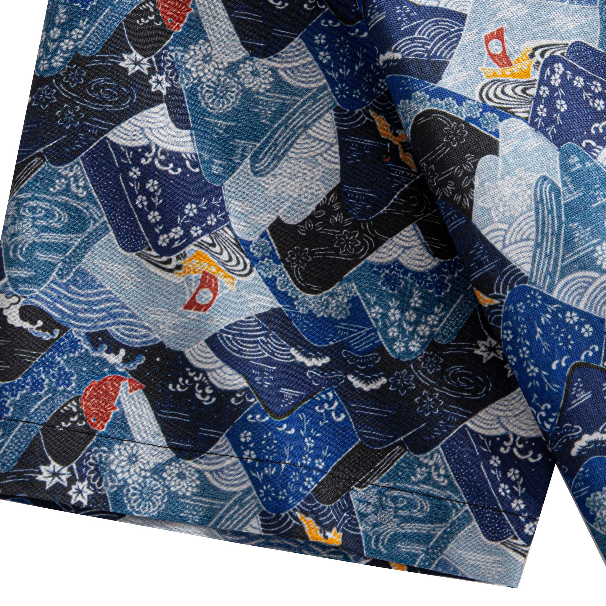 OROMEN Wave Mountain Shirt – Fabric Close-Up, Koi Fish, Wave & Cherry Blossom Print