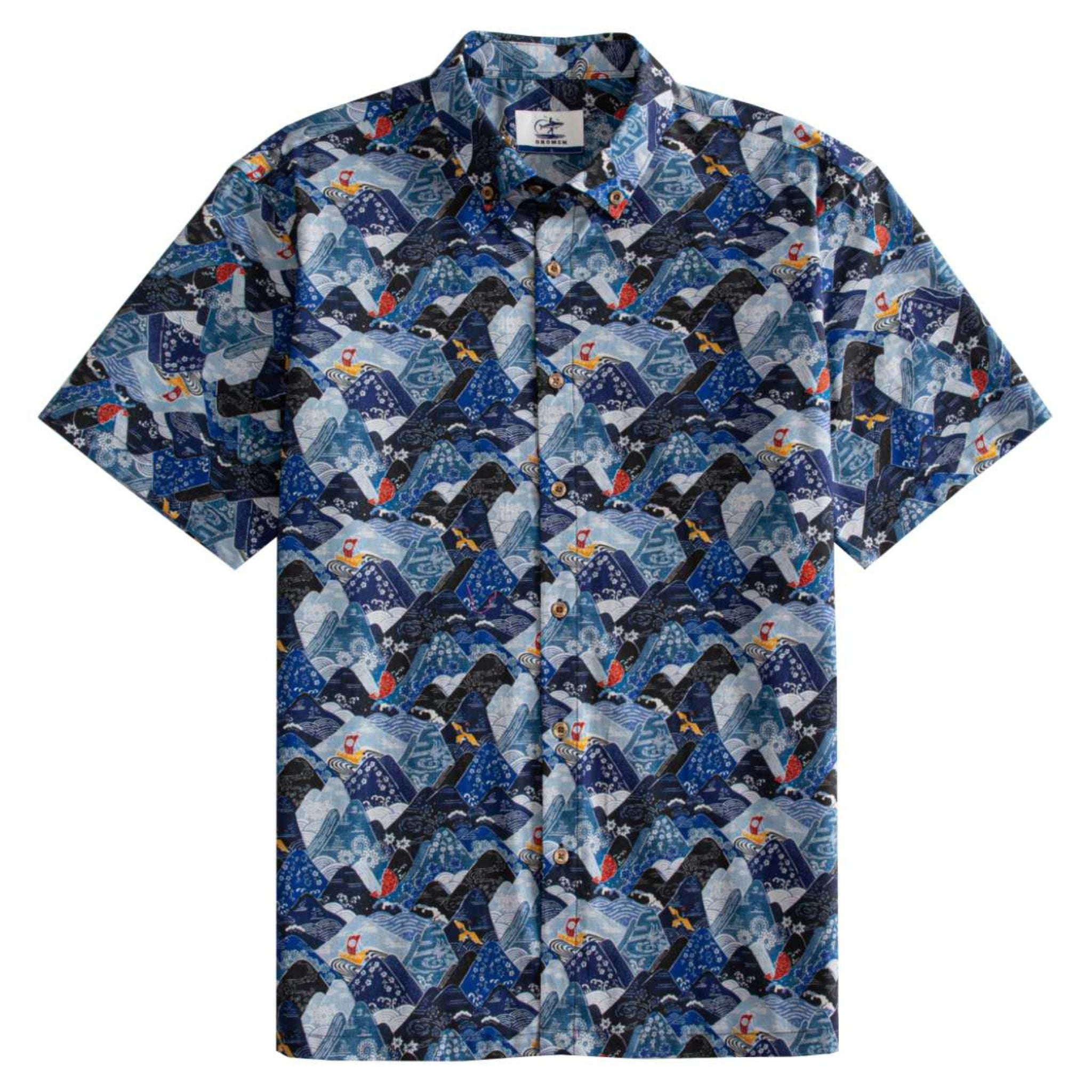 OROMEN Wave Mountain Shirt – Front Flat Lay, Ukiyo-e Mountain & Wave Print, Coconut Buttons