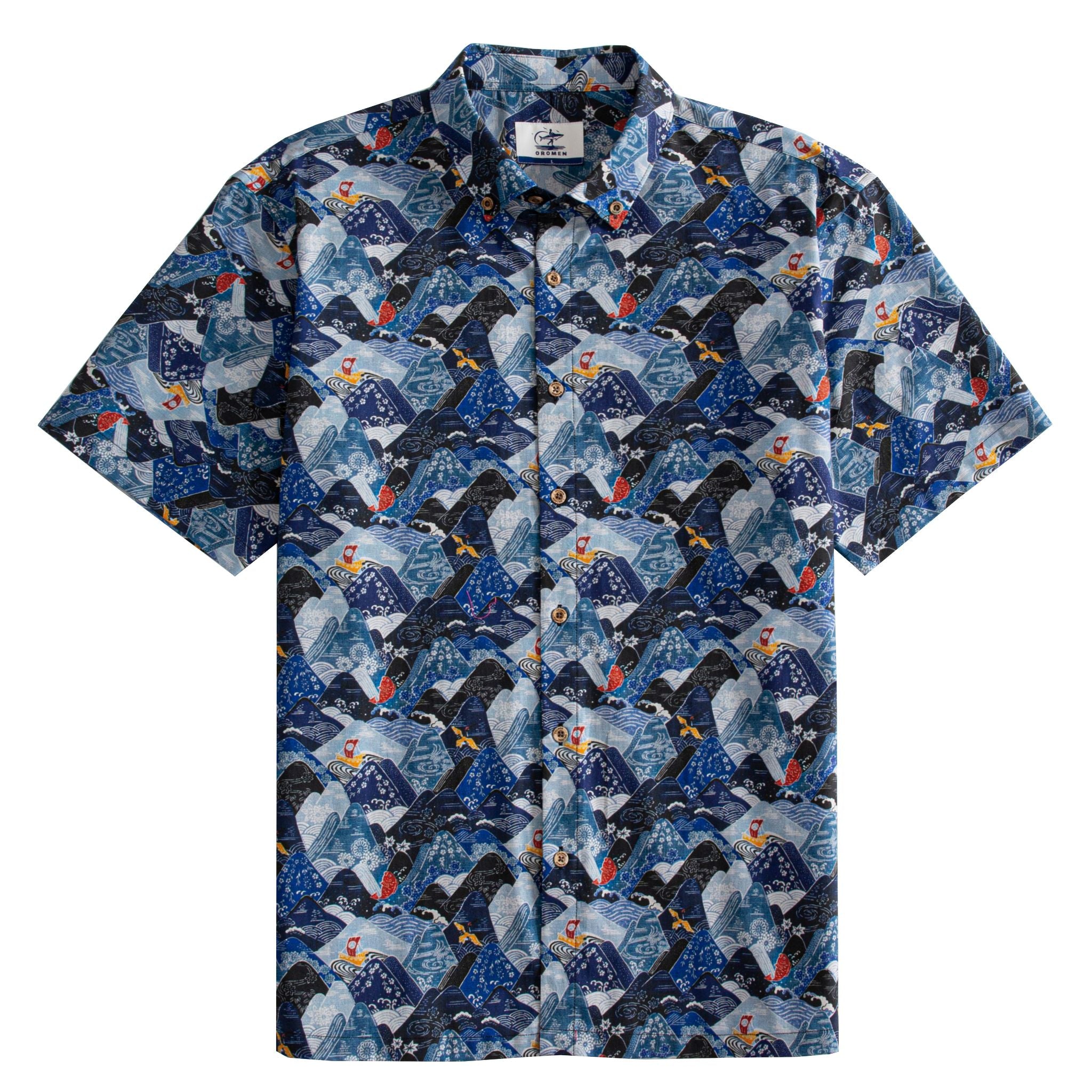 OROMEN Wave Mountain Shirt – Front Flat Lay, Ukiyo-e Mountain & Wave Print, Coconut Buttons