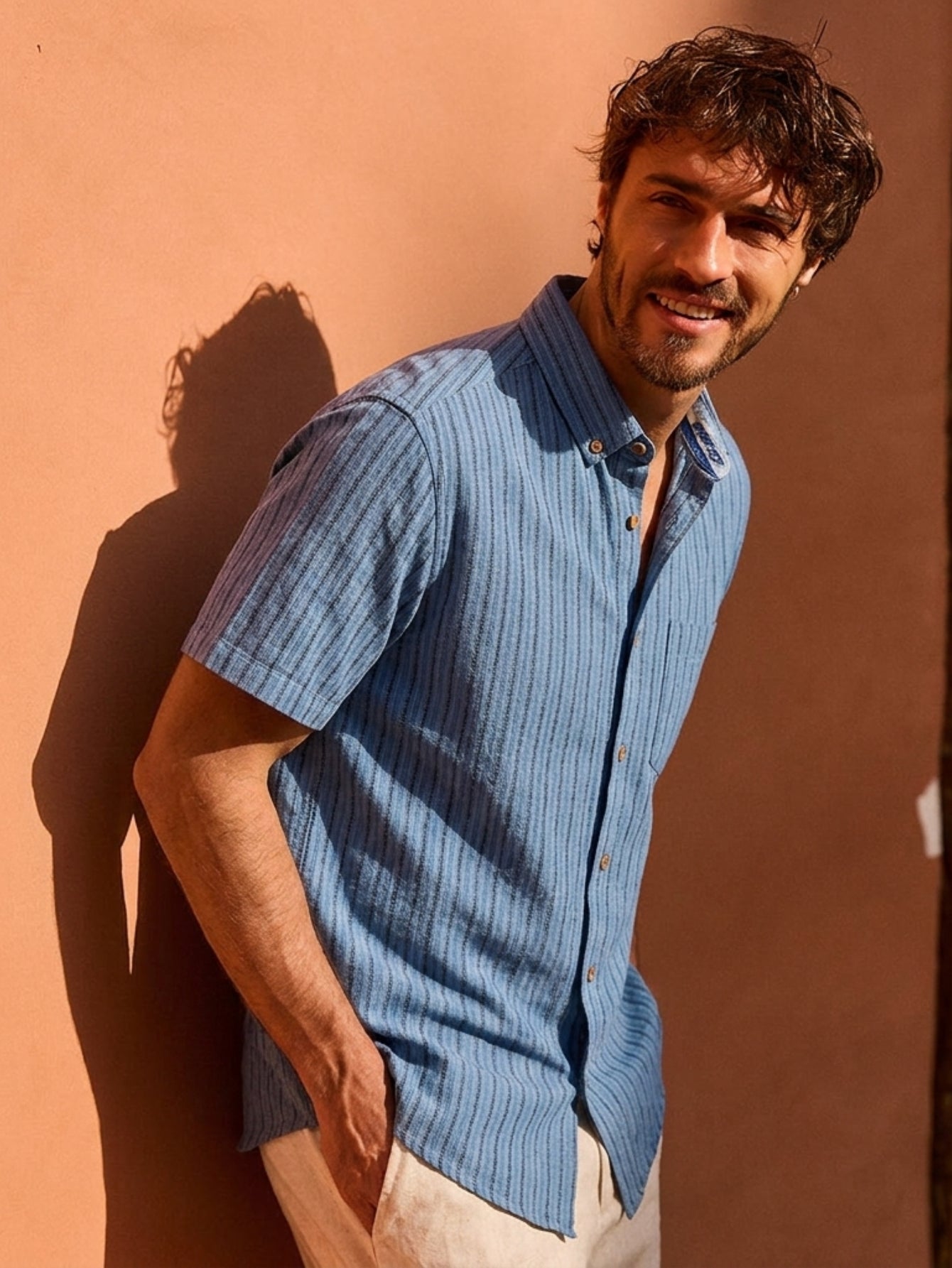 OROMEN Wheat Stripe Corduroy Shirt – Steel Blue 100% Cotton in Model