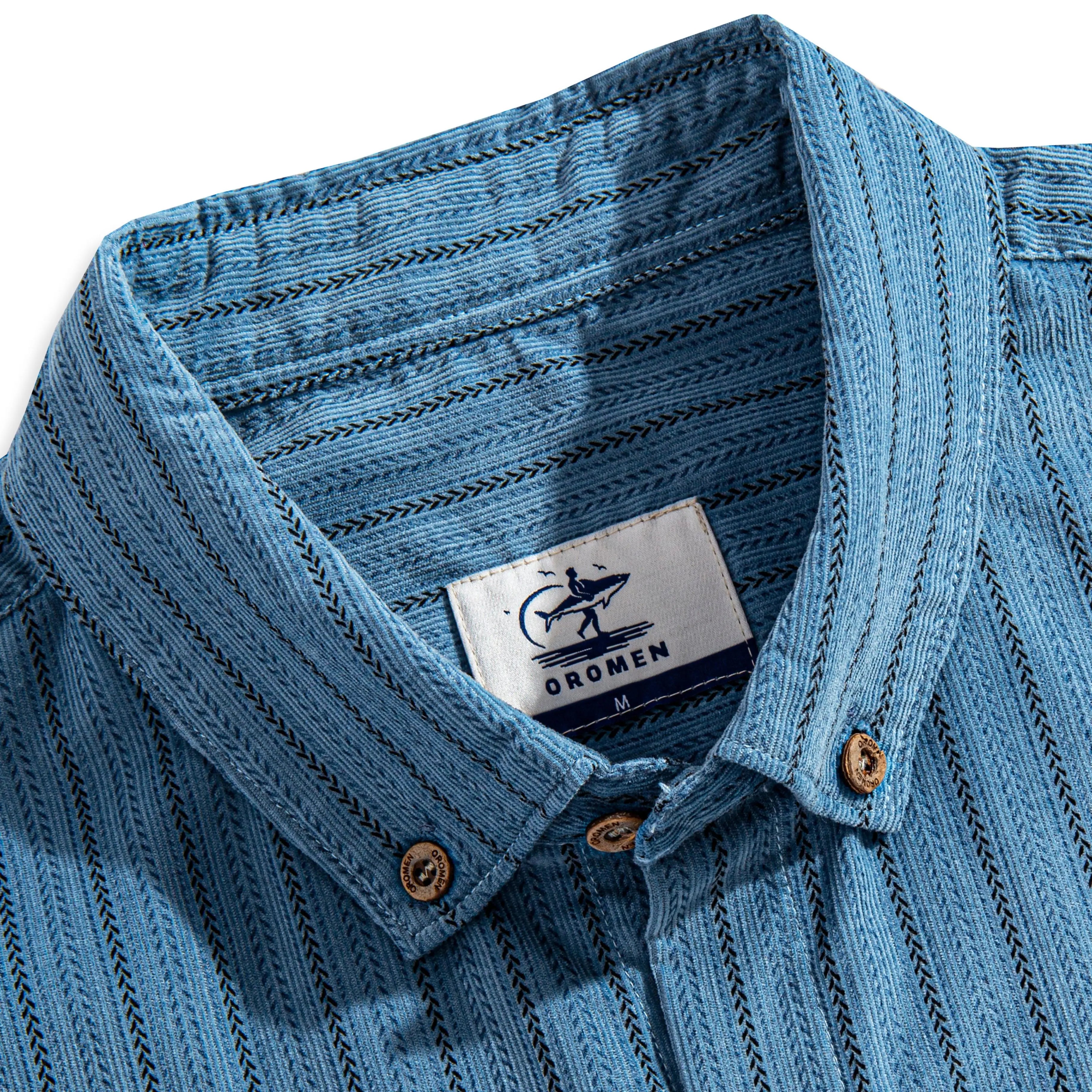 OROMEN Wheat Stripe Corduroy Shirt – Button-Down Collar and OROMEN Brand Label Detail, Coconut Buttons
