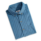 OROMEN Wheat Stripe Corduroy Shirt – Folded Flat Lay with Brand Label and Hangtag, Steel Blue Cotton