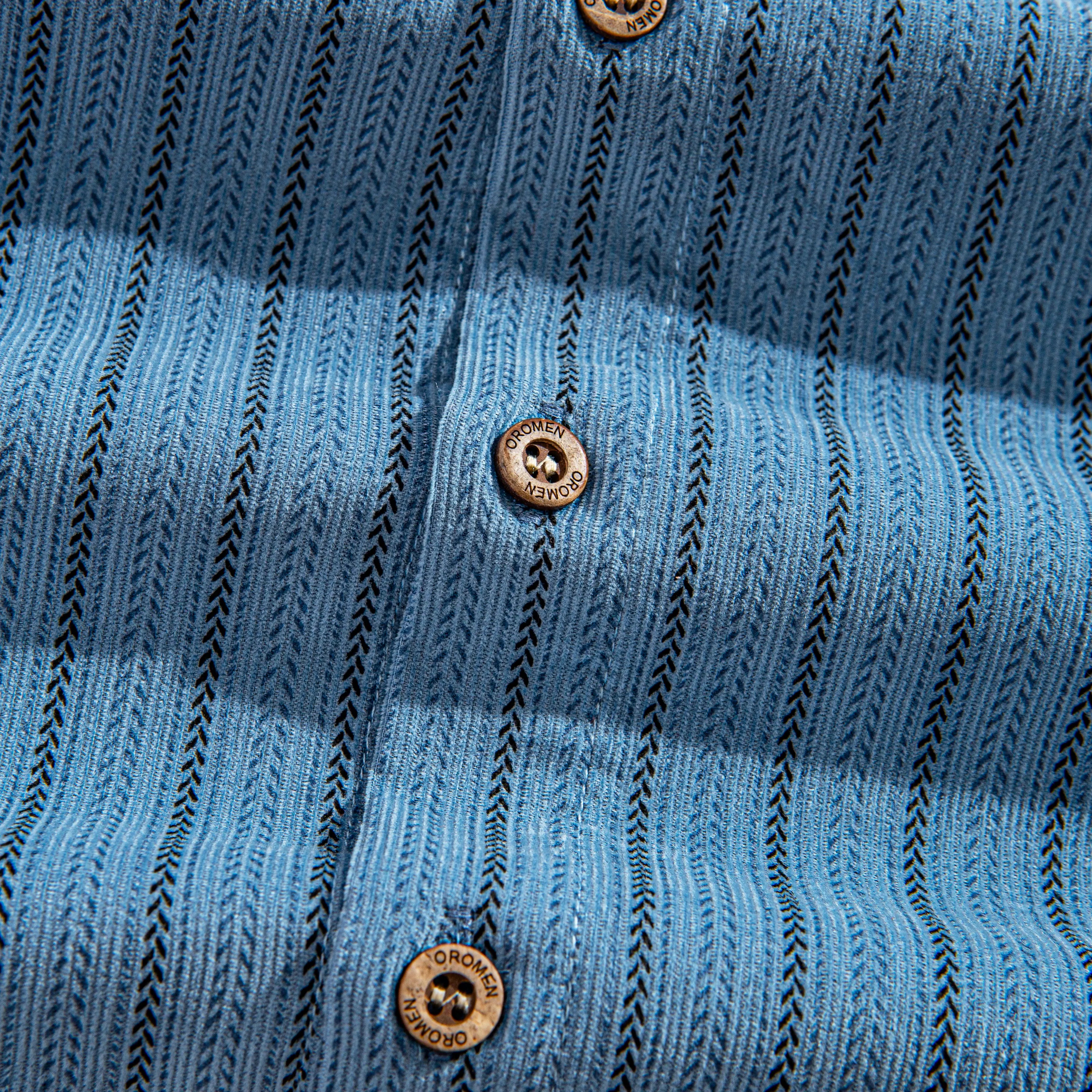 OROMEN Wheat Stripe Corduroy Shirt – OROMEN Engraved Natural Coconut Button Detail, Steel Blue Corduroy