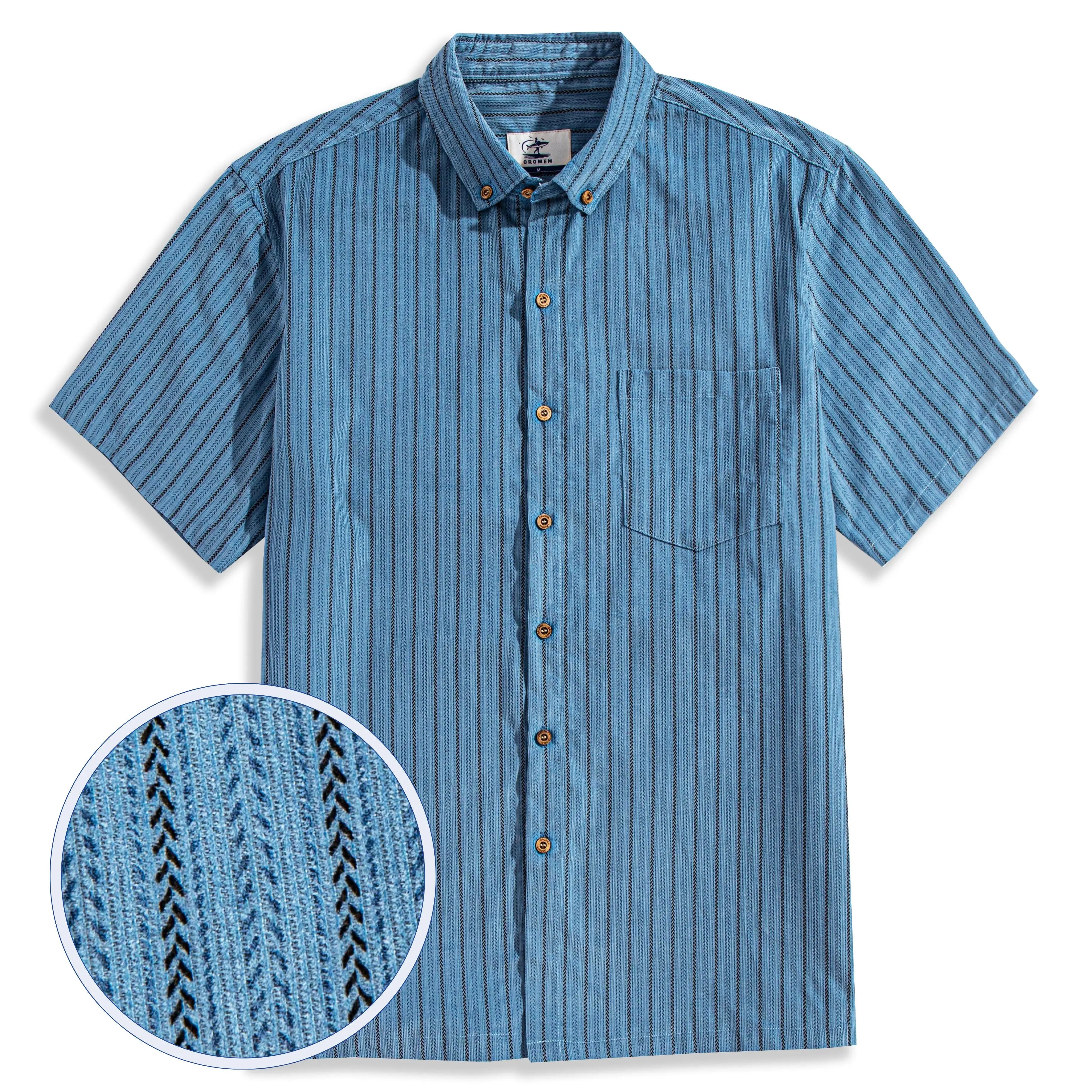 OROMEN Wheat Stripe Corduroy Shirt – Steel Blue 100% Cotton, Irregular Wheat Stitch Stripe, Front View