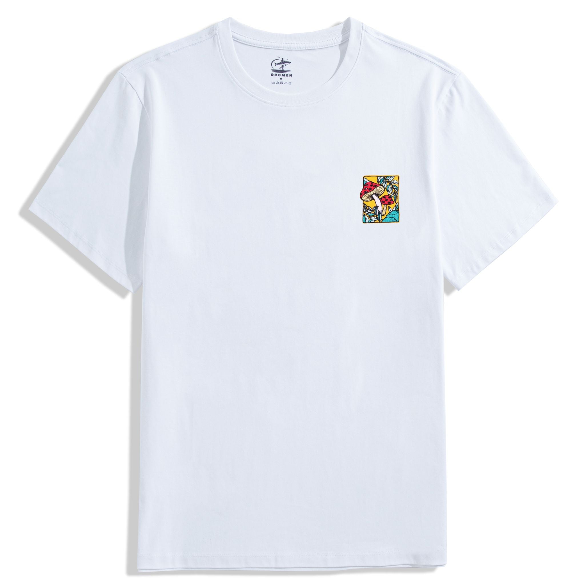 OROMEN White Wild Mushroom Embroidery T-Shirt – Front View