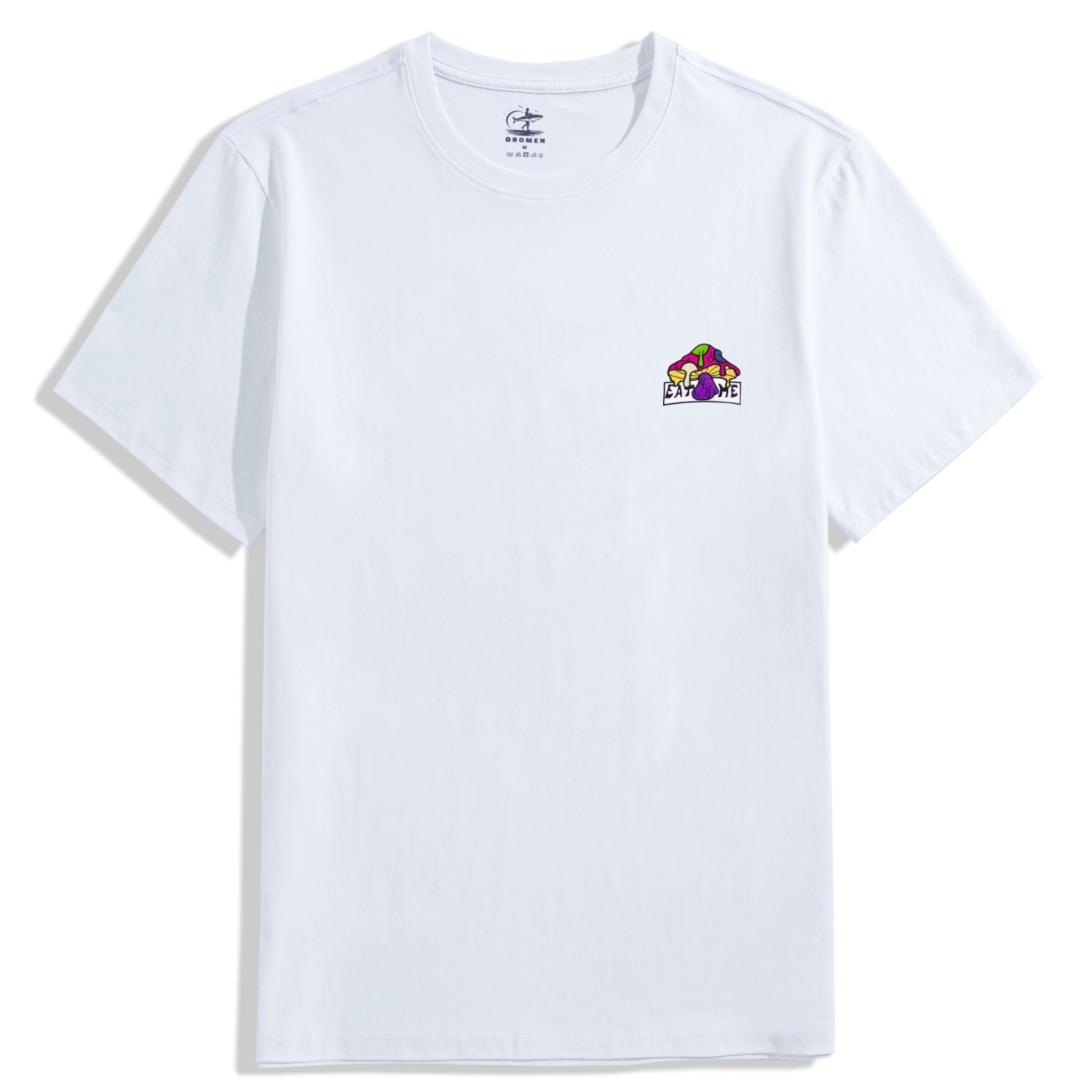 OROMEN White "Eat Me" Mushroom Embroidery T-Shirt – Front View