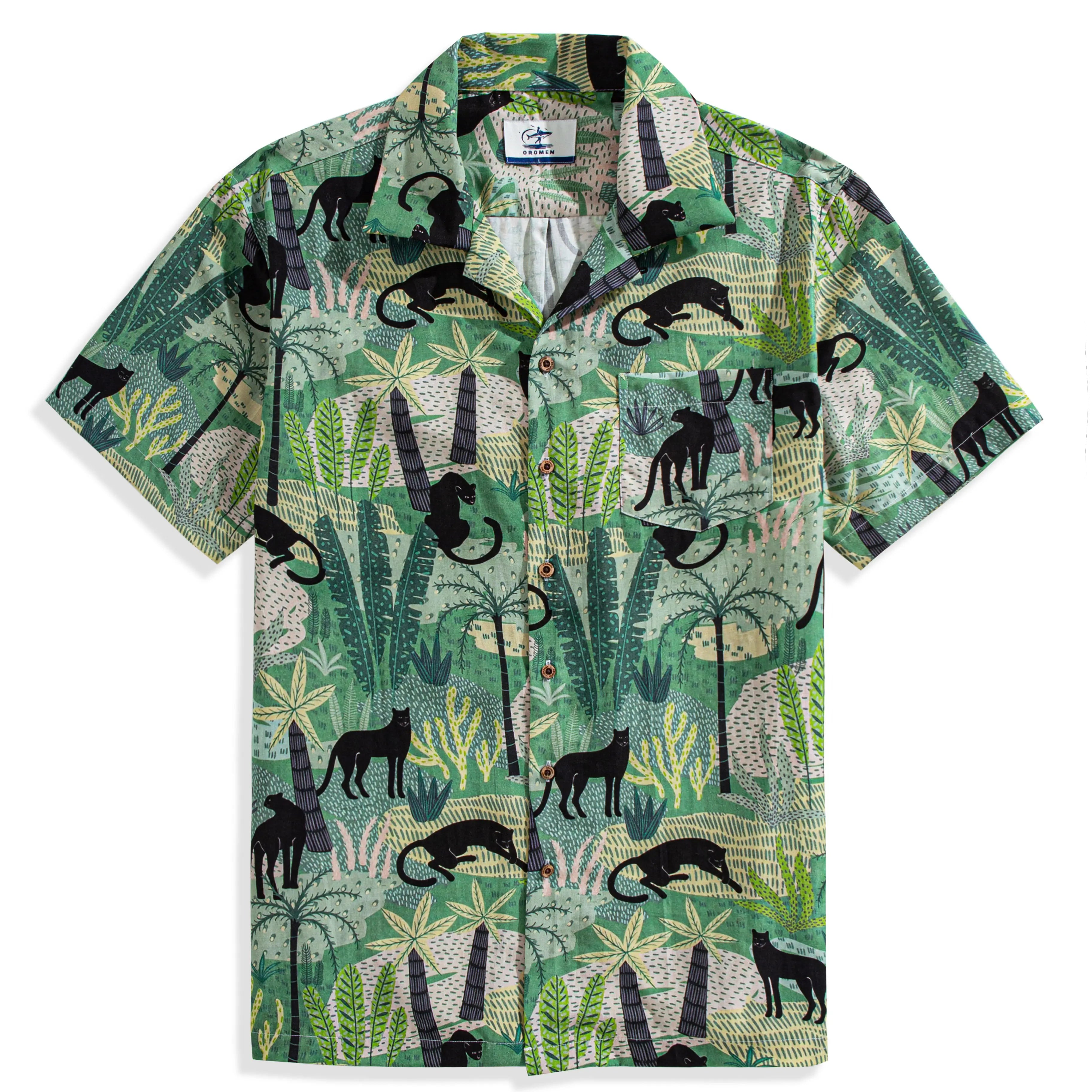 OROMEN Wild Jungle Aloha Shirt – Black Panther & Tropical Jungle Print Front View