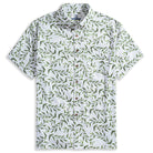 OROMEN Willow Bough Hawaiian shirt flat lay – white background with green willow branch print, coconut buttons and chest pocket