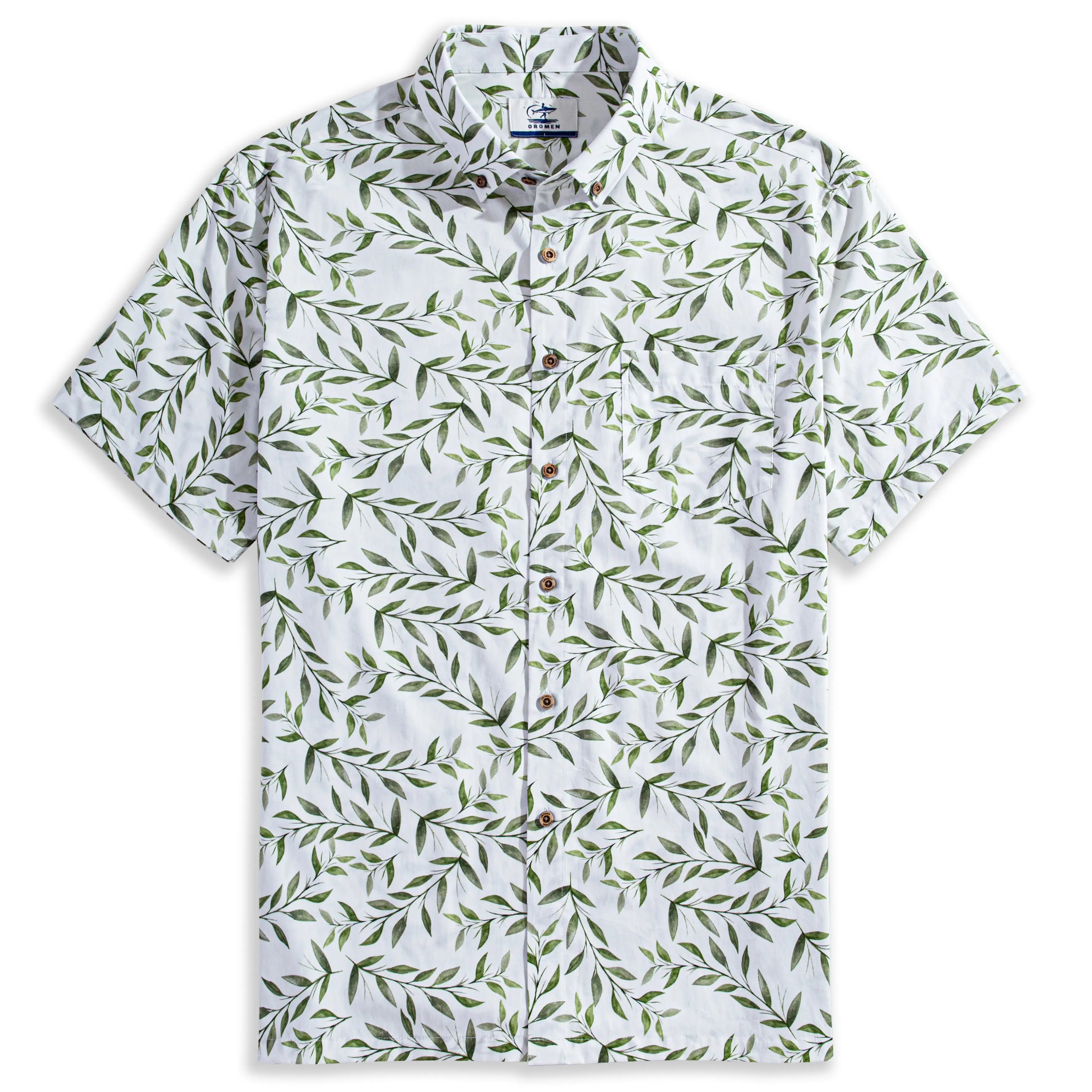 OROMEN Willow Bough Hawaiian shirt flat lay – white background with green willow branch print, coconut buttons and chest pocket