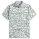 OROMEN Willow Bough Hawaiian shirt flat lay – white background with green willow branch print, coconut buttons and chest pocket
