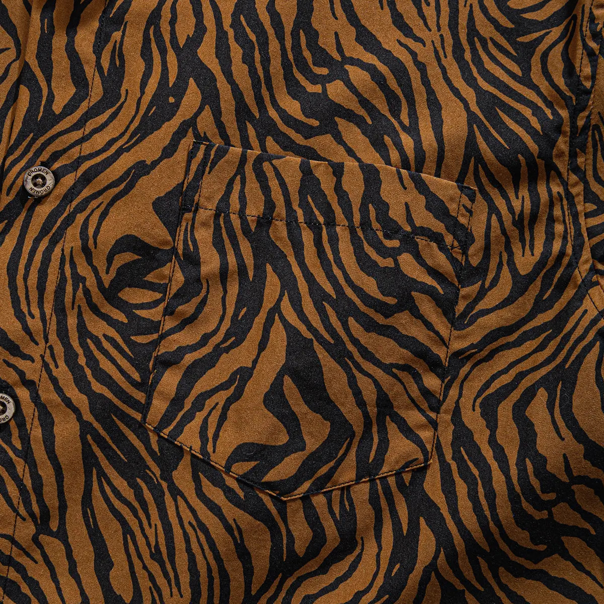 OROMEN Zebra Tattoo Hawaiian Shirt — chest pocket and natural coconut button detail