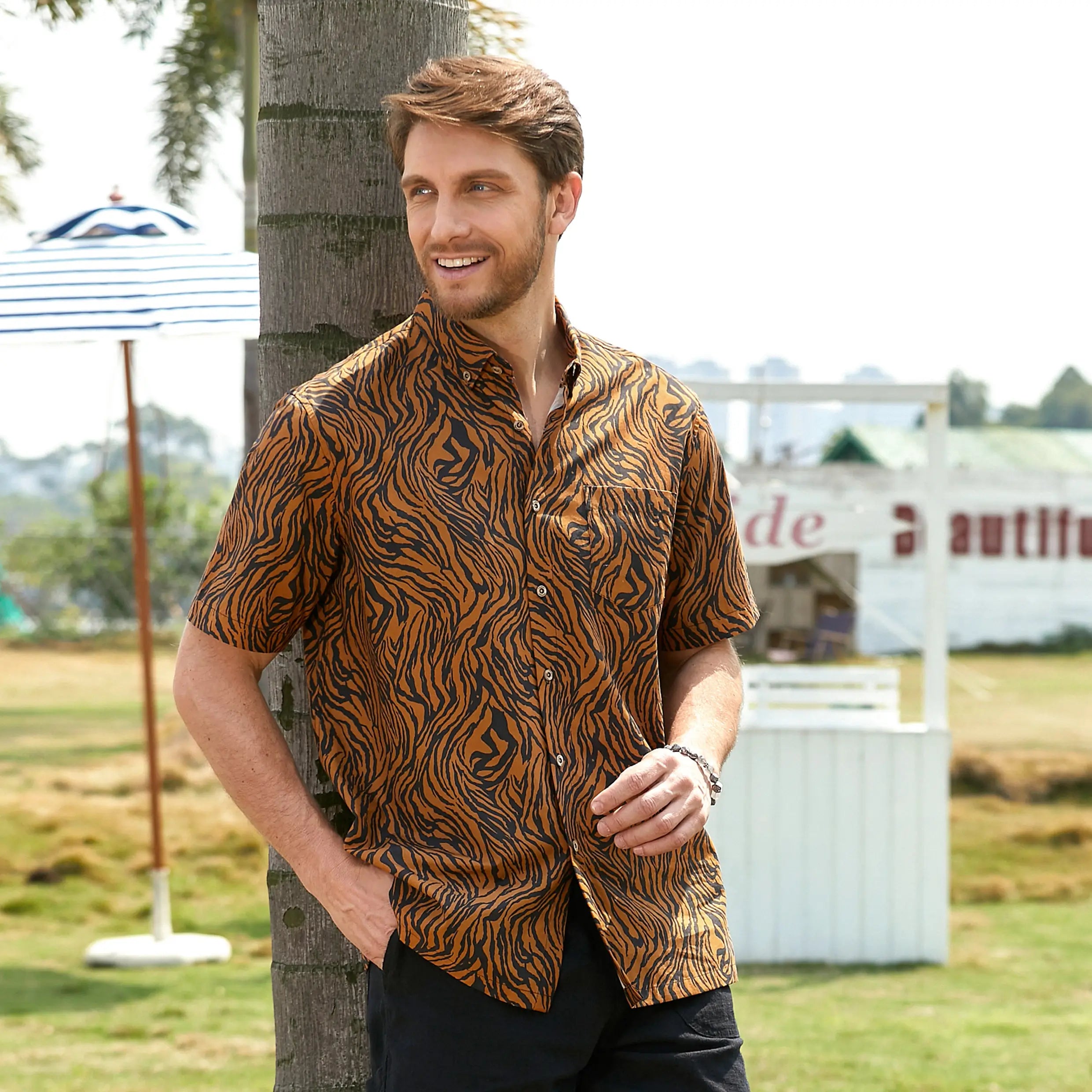 OROMEN Zebra Tattoo Hawaiian Shirt worn on model — bold zebra stripe print