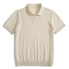 OROMEN Zigzag Hollow Knitted Polo Shirt in Beige – Front View