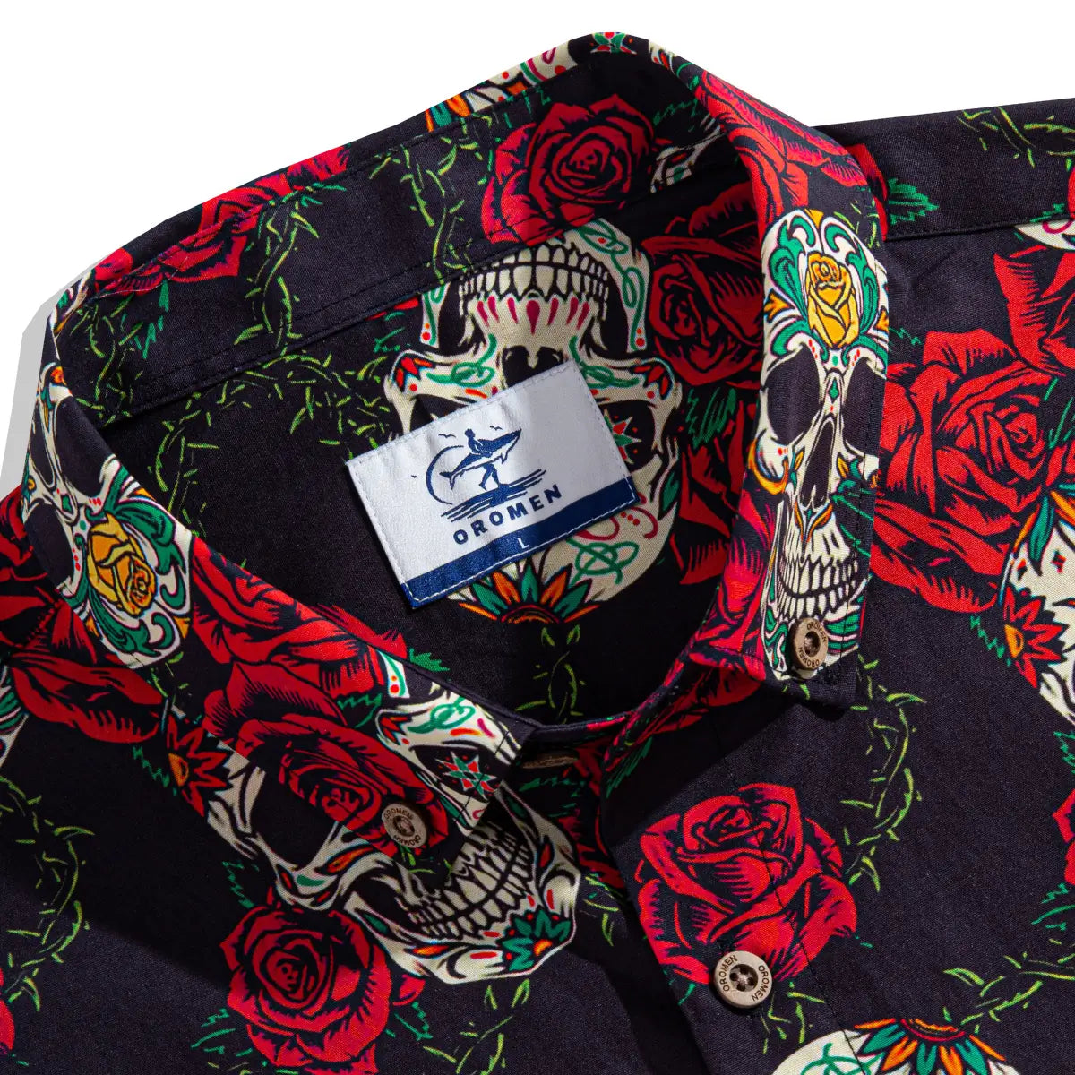 OROMEN brand label and engraved coconut buttons detail on Bloom And Death Hawaiian shirt collar