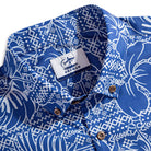 OROMEN brand label and engraved coconut buttons detail on Plant Totem Hawaiian shirt collar