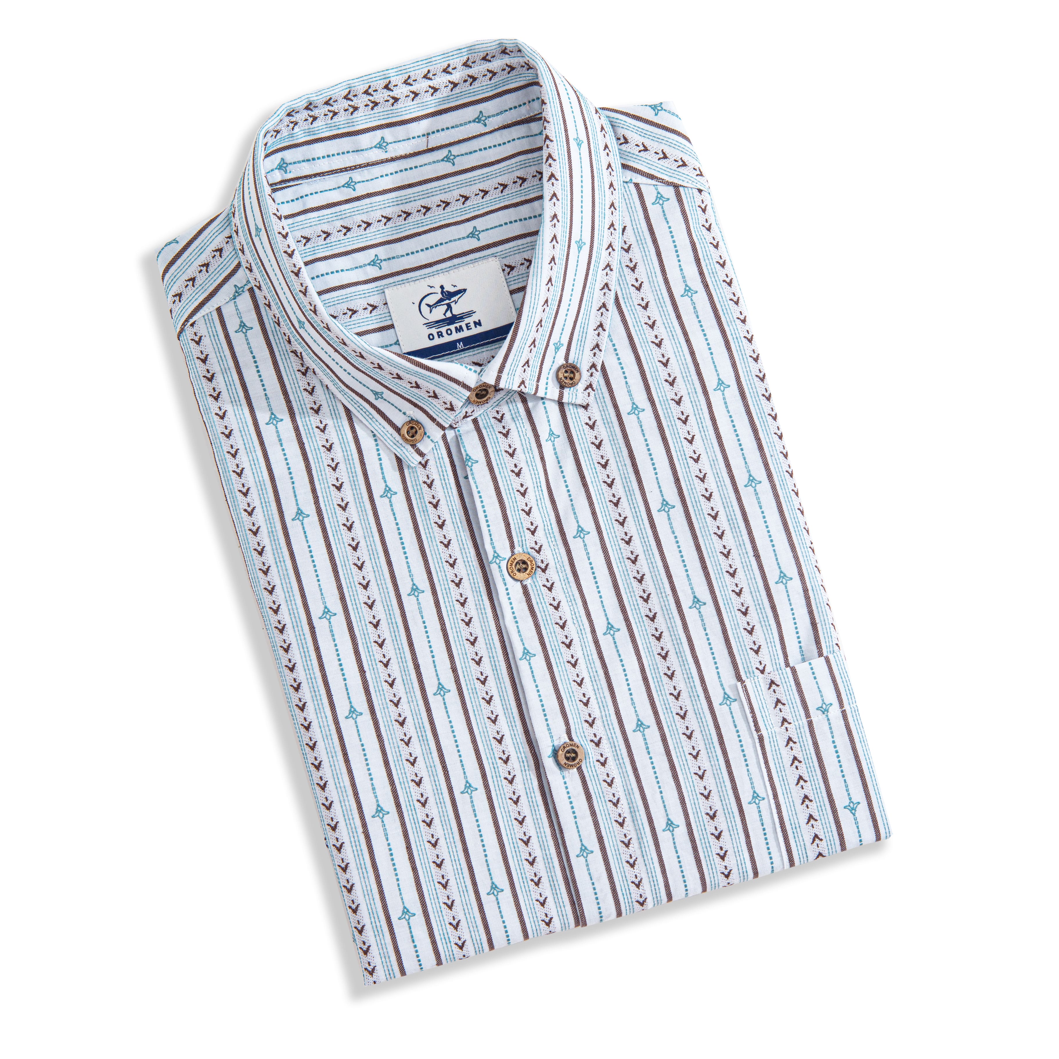OROMEN embroidered stripe shirt - retro cotton button-down with flower bud embroidery