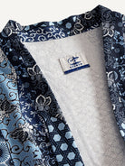 OROMEN indigo floral kimono cardigan collar band close-up