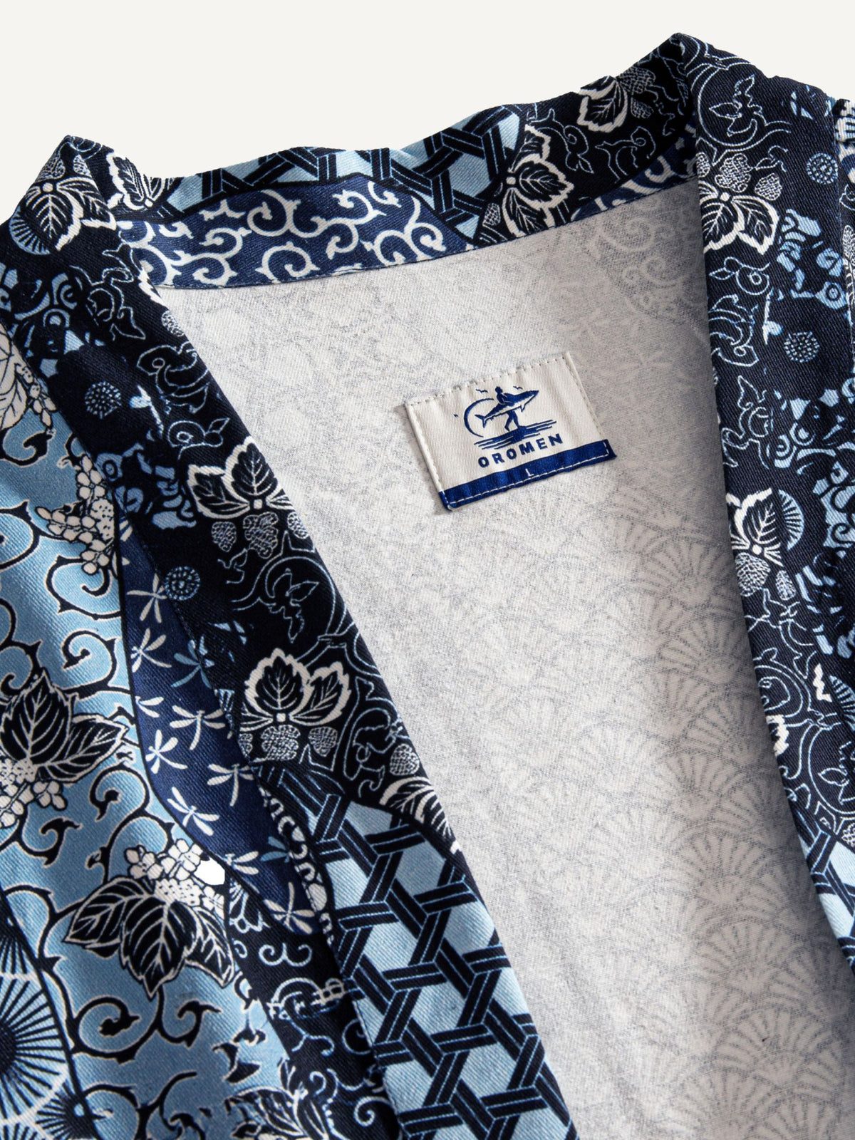 OROMEN indigo floral kimono cardigan collar band close-up