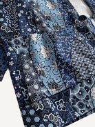 OROMEN indigo floral kimono cardigan front patch pocket close-up