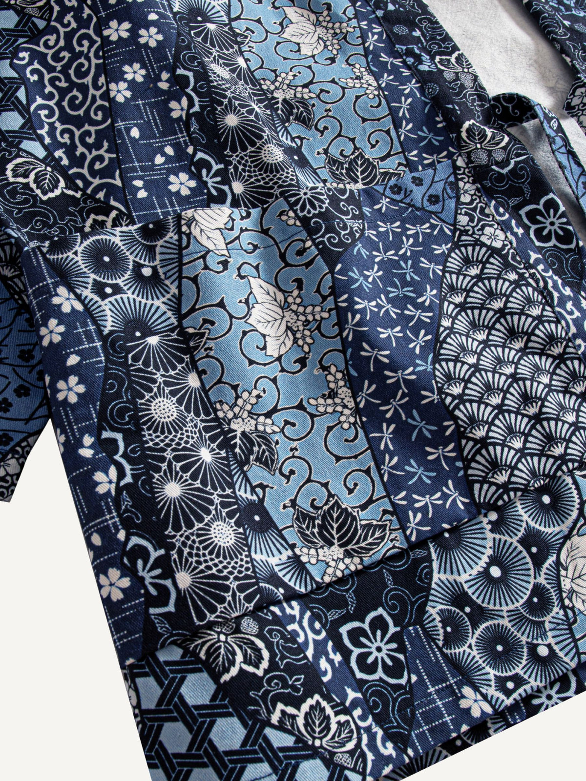 OROMEN indigo floral kimono cardigan front patch pocket close-up