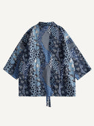 OROMEN indigo floral kimono cardigan laid flat, back view