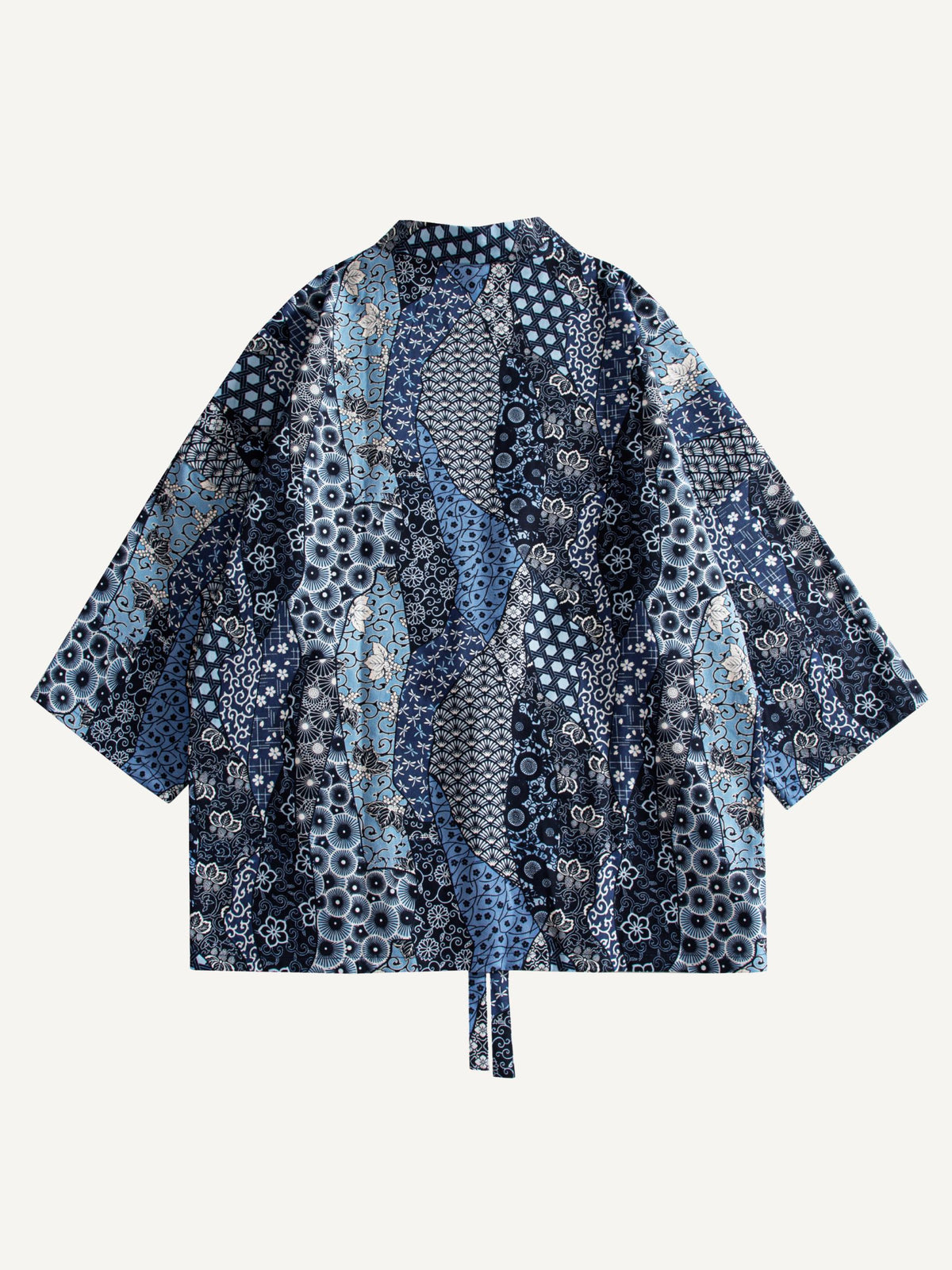 OROMEN indigo floral kimono cardigan laid flat, back view
