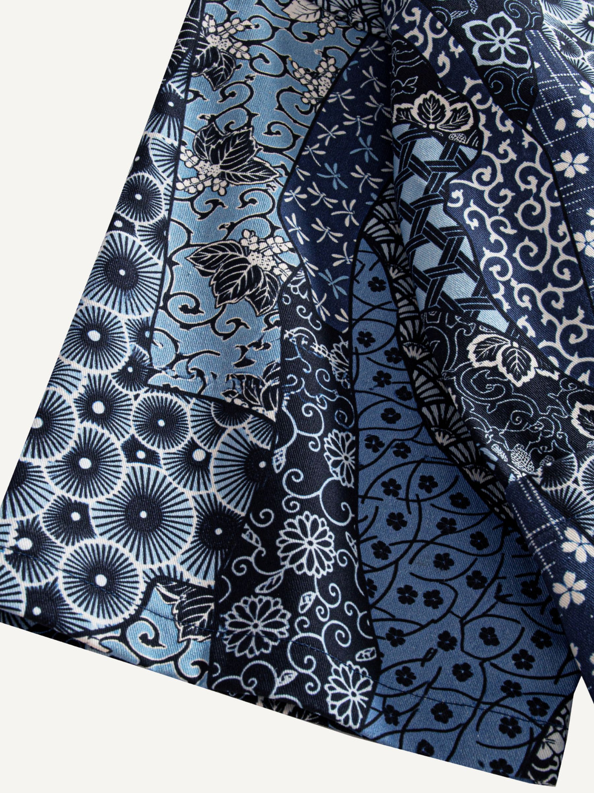 OROMEN indigo floral kimono cardigan sleeve cuff close-up