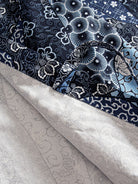 OROMEN indigo floral kimono cardigan waist tie close-up