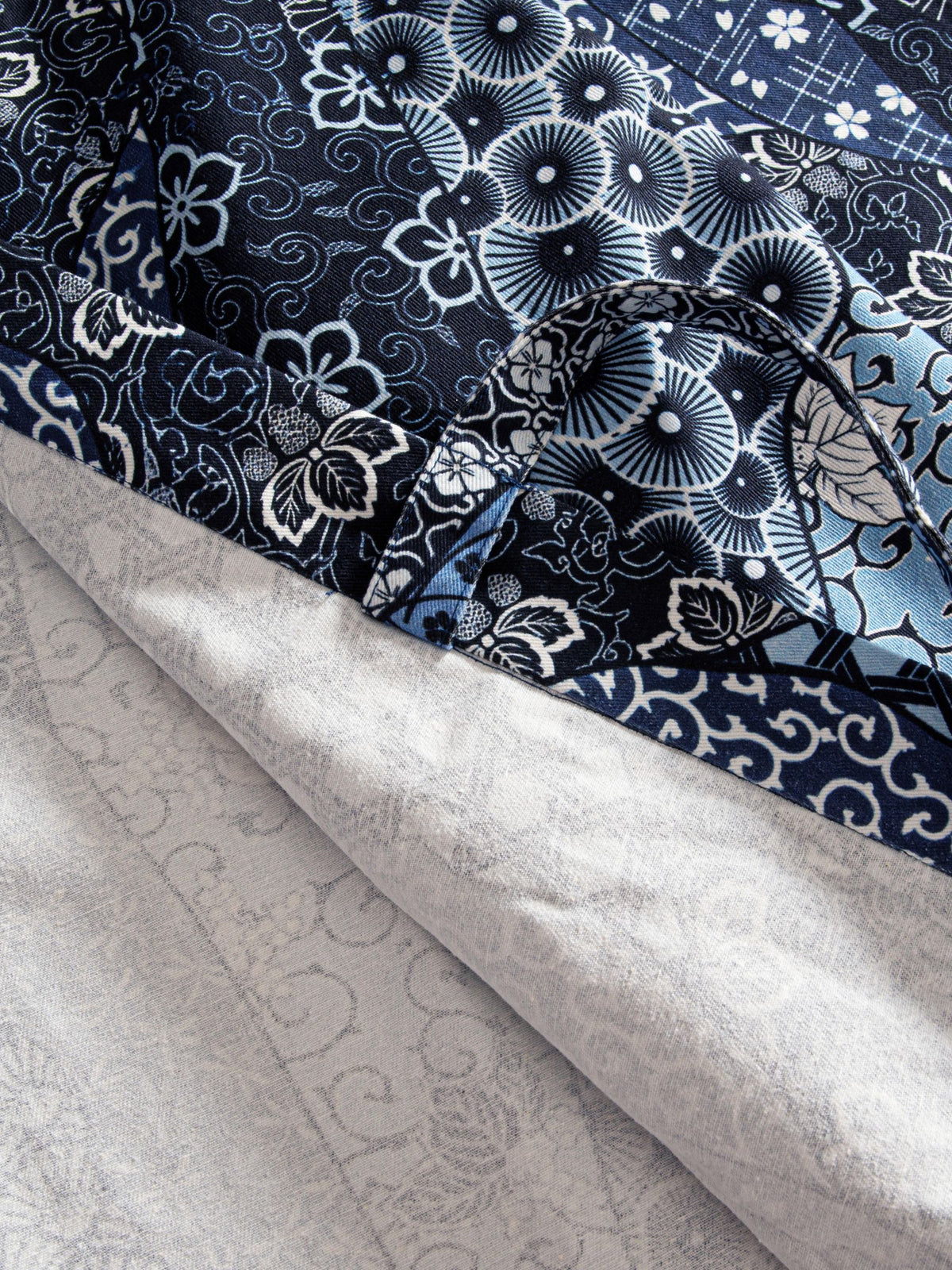OROMEN indigo floral kimono cardigan waist tie close-up