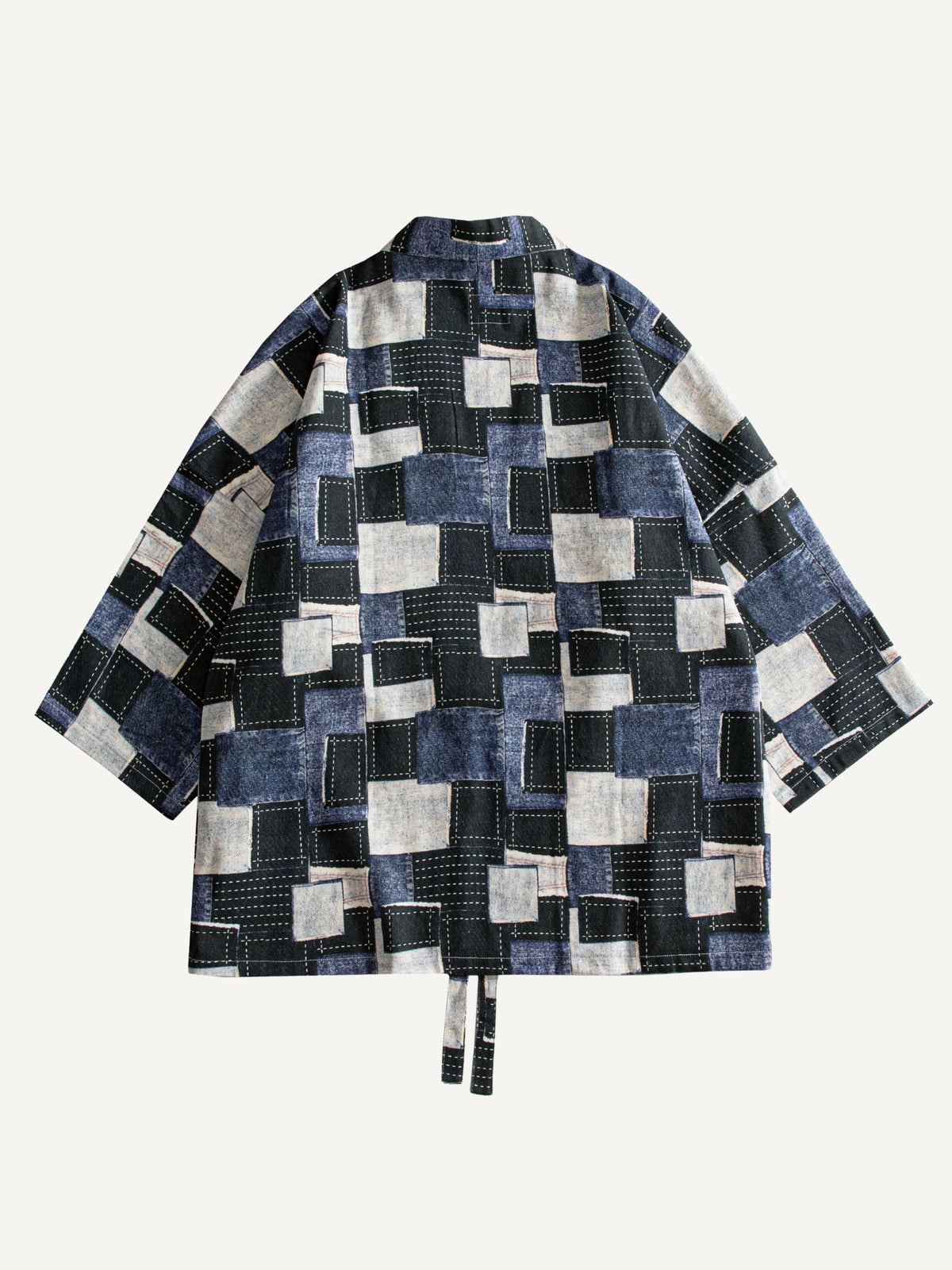 OROMEN patchwork kimono cardigan laid flat, back view