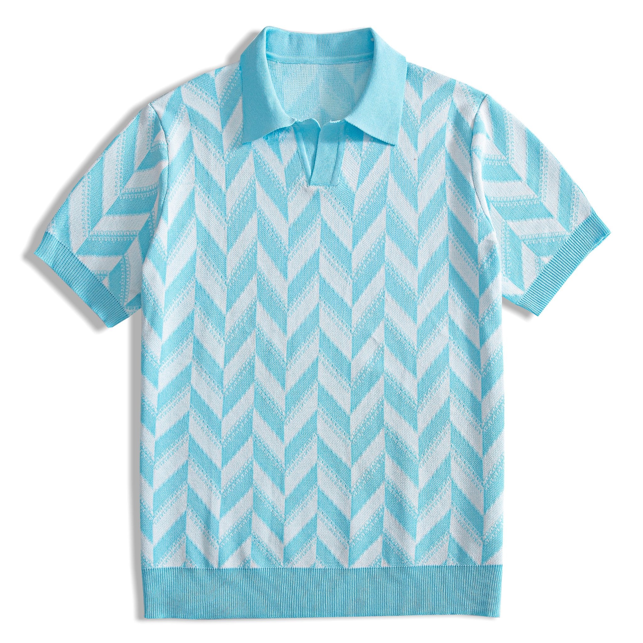 OROMEN sky blue jacquard knitted polo shirt – front view