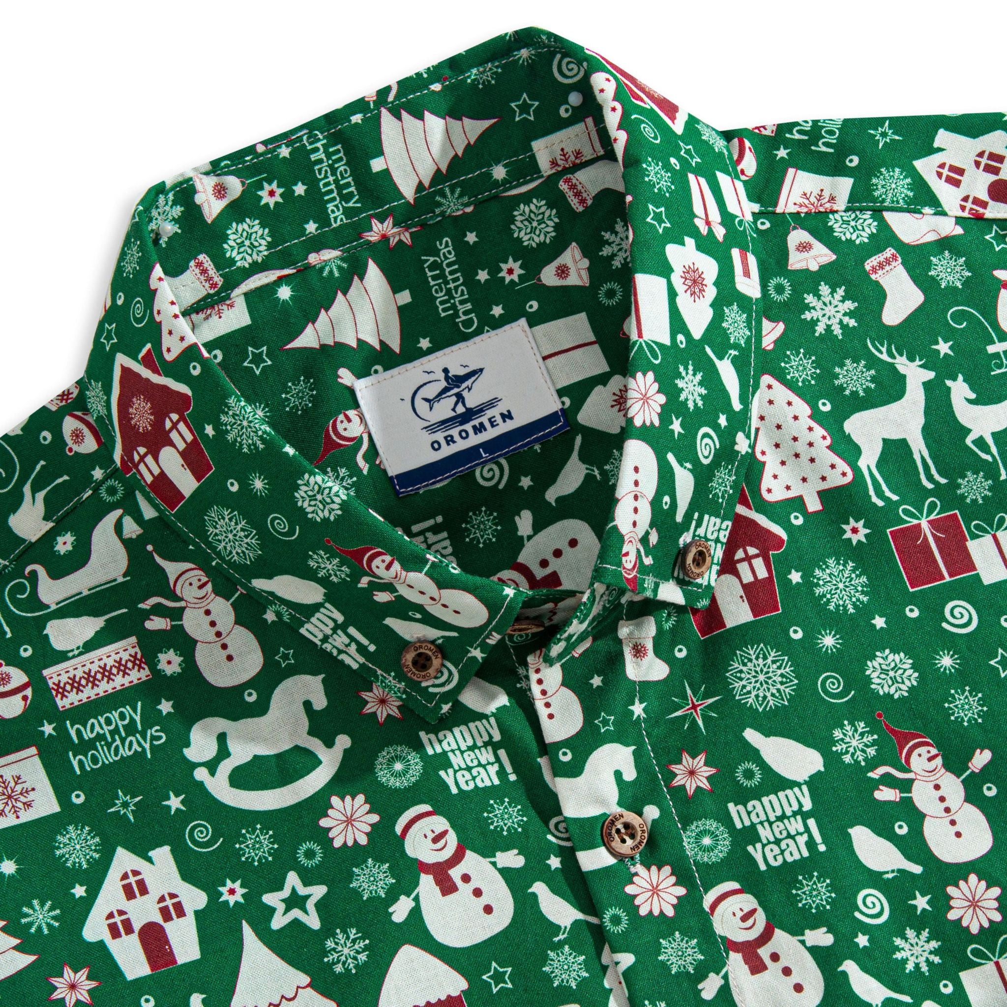 OROMEN-Christmas-In-The-Snow-Shirt-Collar-&-Brand-Label-Detail-Coconut-Buttons-Green-Christmas-Print