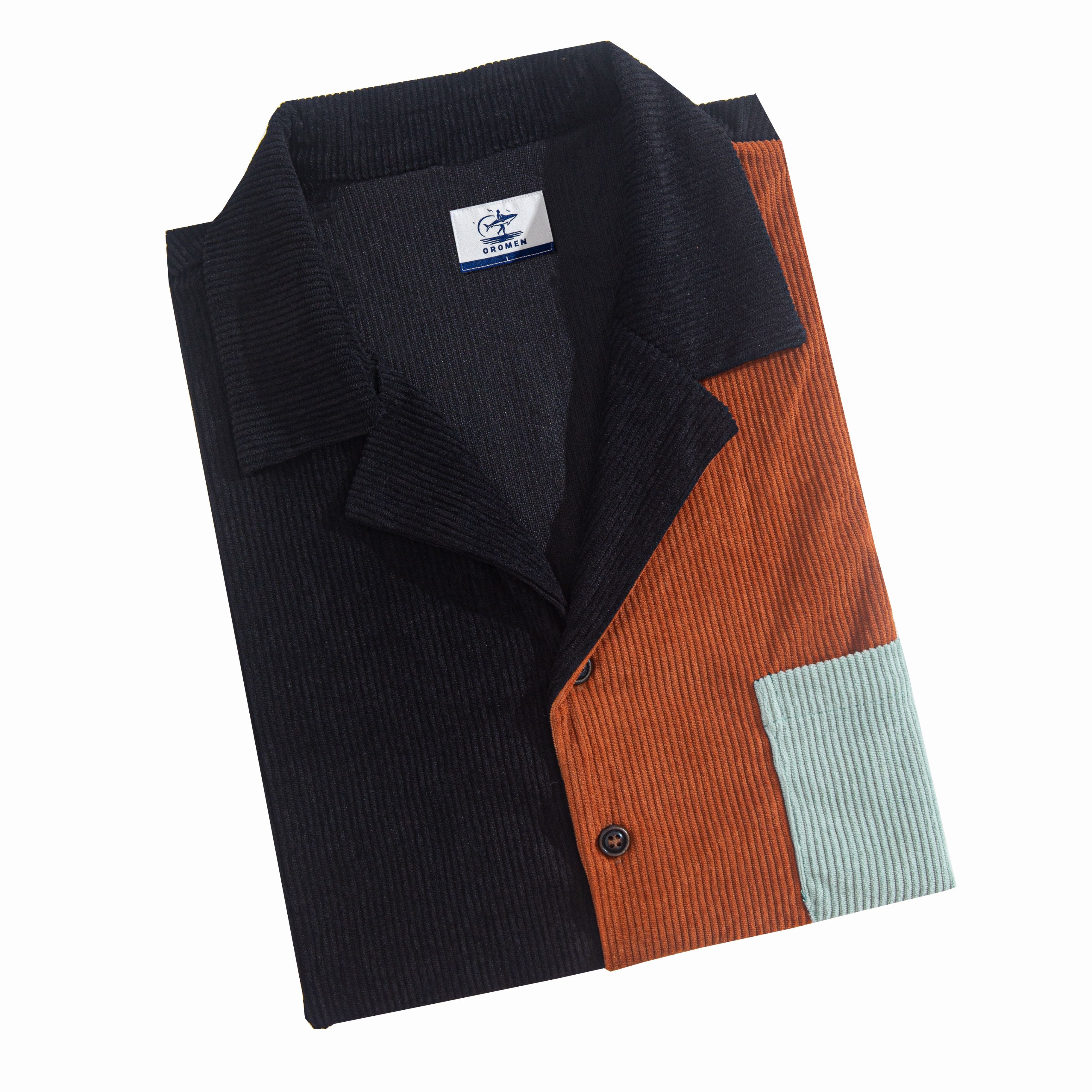 OROMEN Contrast Corduroy Shirt Folded Display – Four-Tone Patchwork