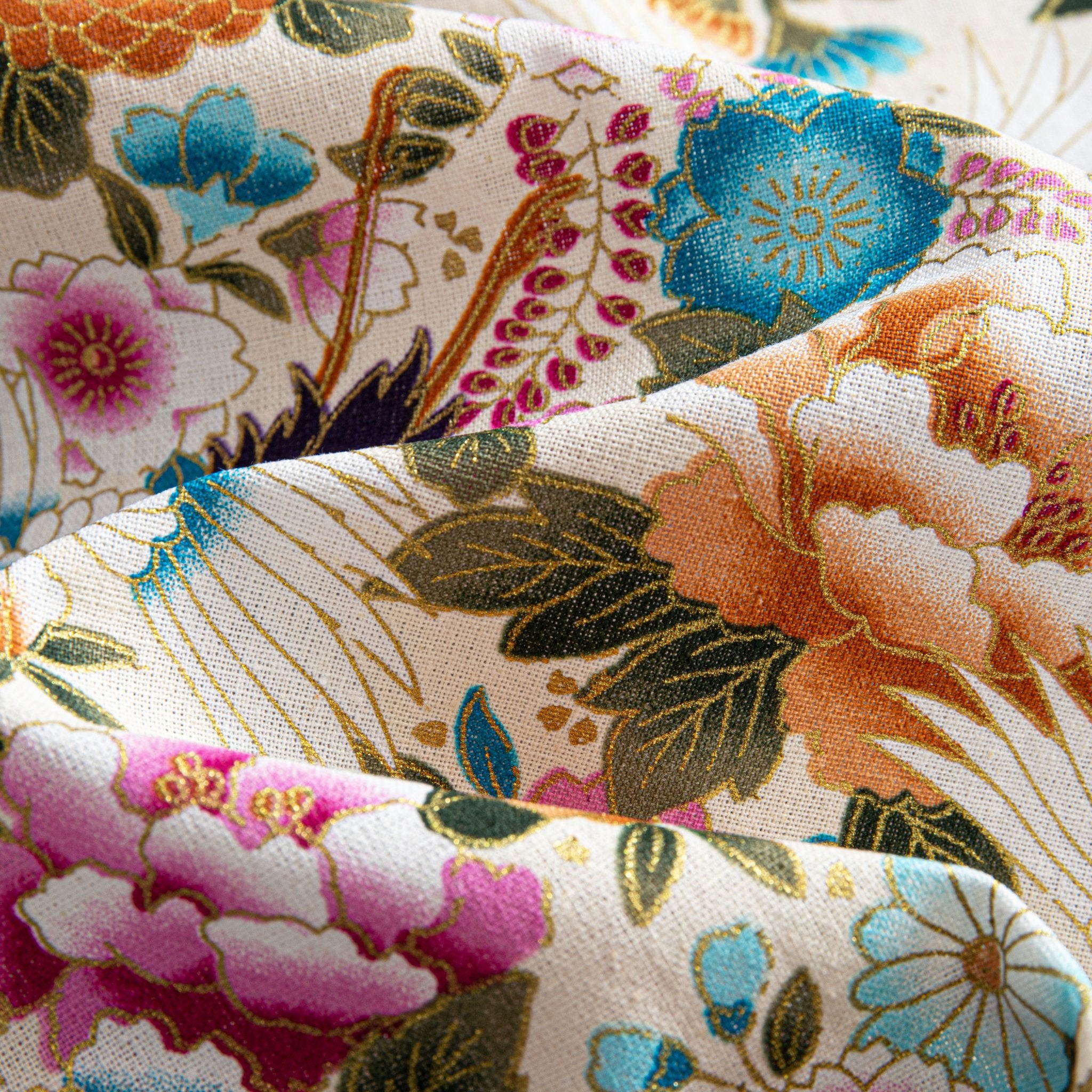 OROMEN Crane Floral Shirt – Gold Thread Outlining on Peony Print Fabric