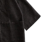 OROMEN Haori Cardigan 3/4 Sleeve Cuff Close-Up — Raw Hem Finish on Dark Brown Diamond Woven Cotton Linen Fabric